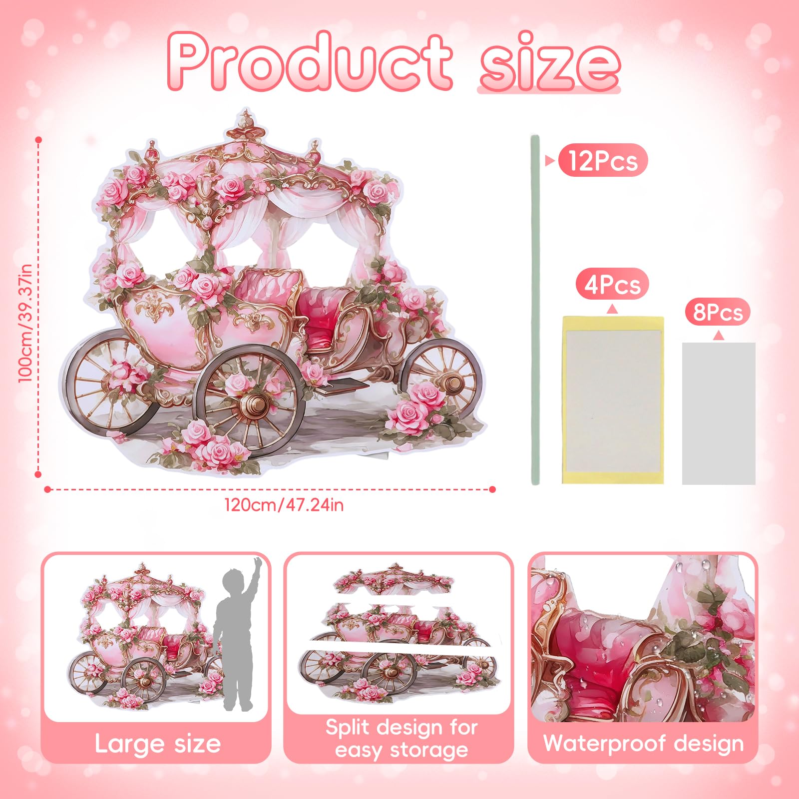 Toile de fond en carton pour photomaton de princesse – Découpe en carton grandeur nature – Toile de fond pour photographie – Décoration de fête d'anniversaire princesse (1, chariot de fleurs roses)