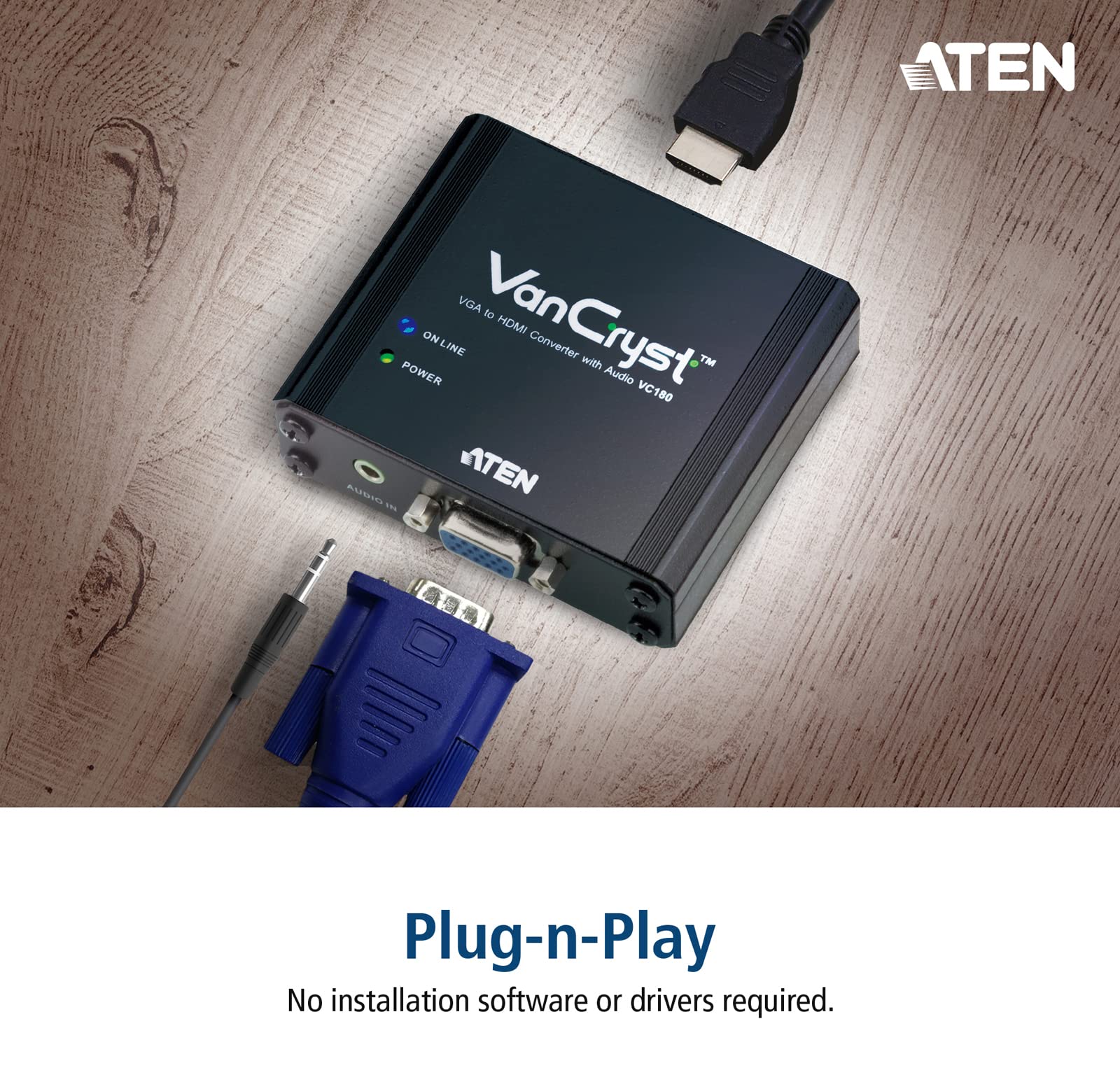 ATEN CONV./BOOST VGA TO HDMI AUDIO/VIDEO CONVERTER (VC180-AT VGA, HDMI, 165MHZ, 1080P, DC 5.3V, 3.2W, 150G