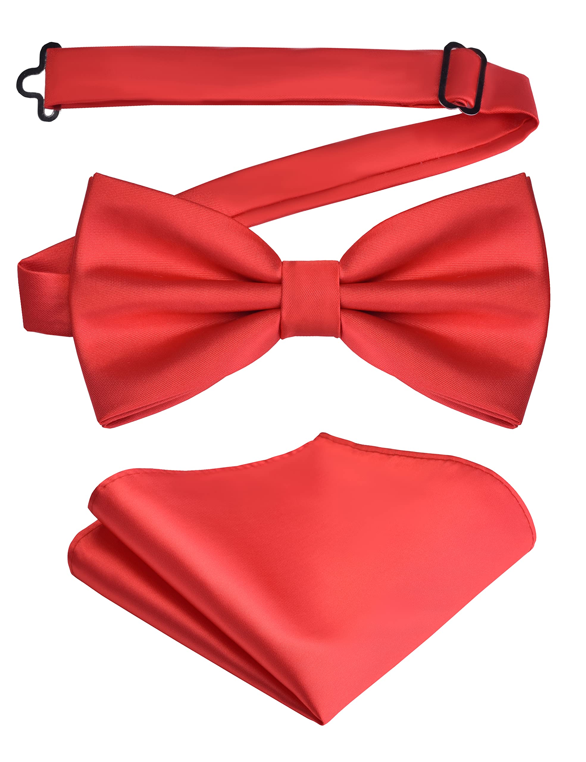 Branduce Mens Solid Color Double Fold Pre-tied Bow Tie and Pocket Square Set, Red, general