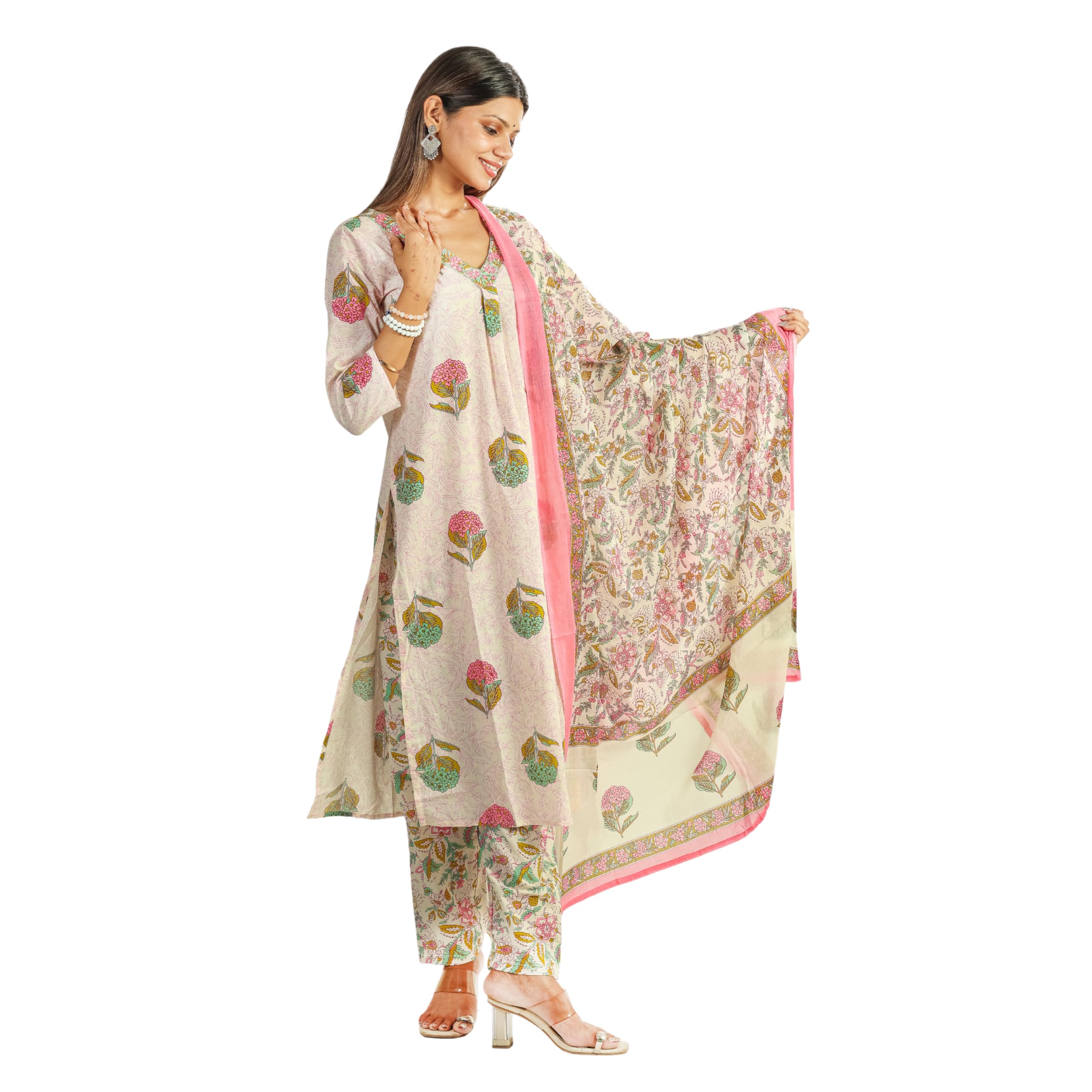 Ramya Hydrangea Bloom Women's Cotton Suit Set | Cream Straight-Cut Kurta with Multicolor Floral Print | Slim-Fit Printed Pants & Matching Dupatta-image-36