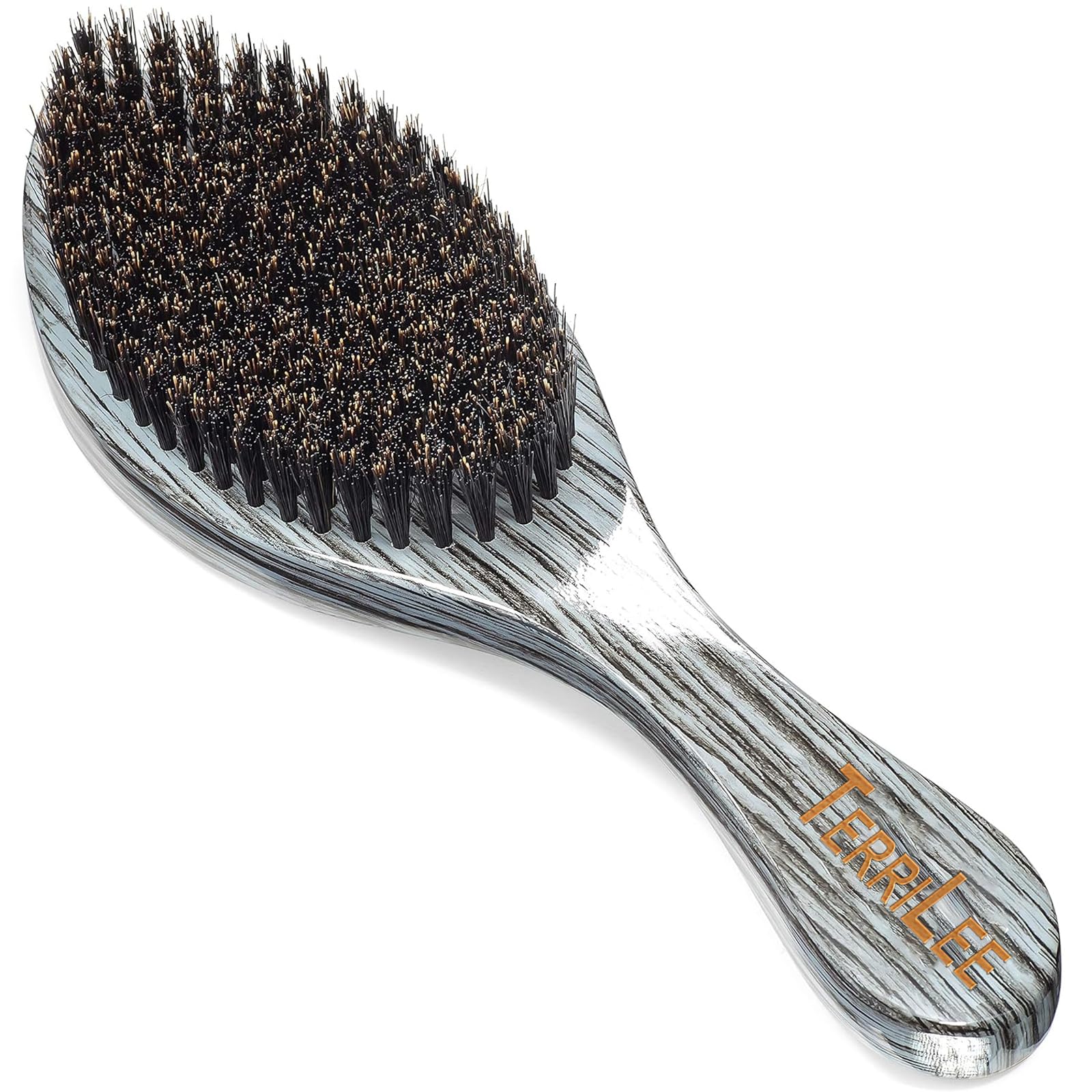 Premium Griff Wellenbürste für Männer 360 – mittelhart gebogene 360 Wellen-Haarbürsten – Hergestellt aus Naturbuche & Nylon-Wildschweinborsten Herrenhaarbürste für schwarze Männer 360 (grauer langer