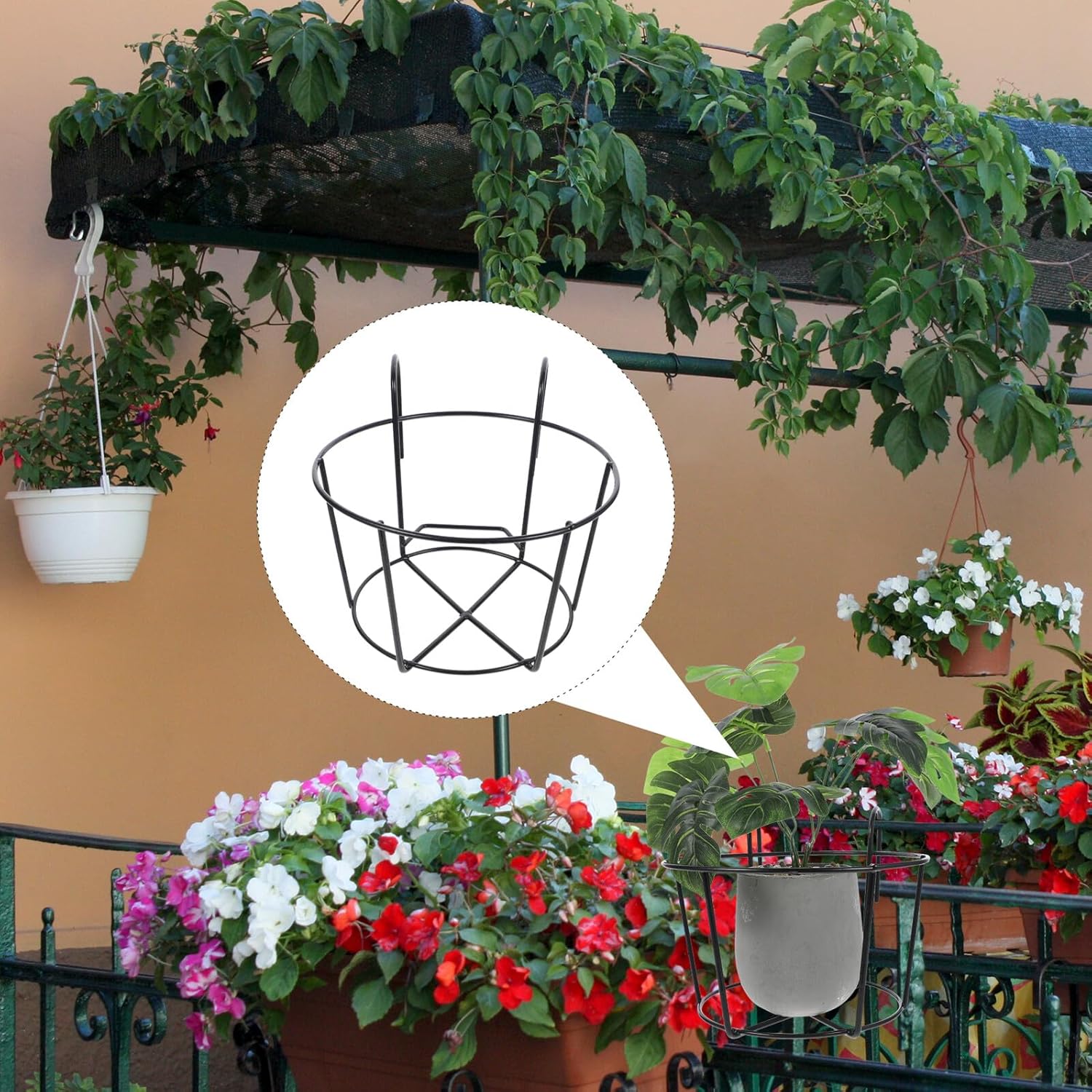 2pcs Large Iron Art Hanging Flower Pot Brackets with Hooks for Balcony Railing, Outdoor Over-Railing Plant Holders Suitable for Decks and Patios