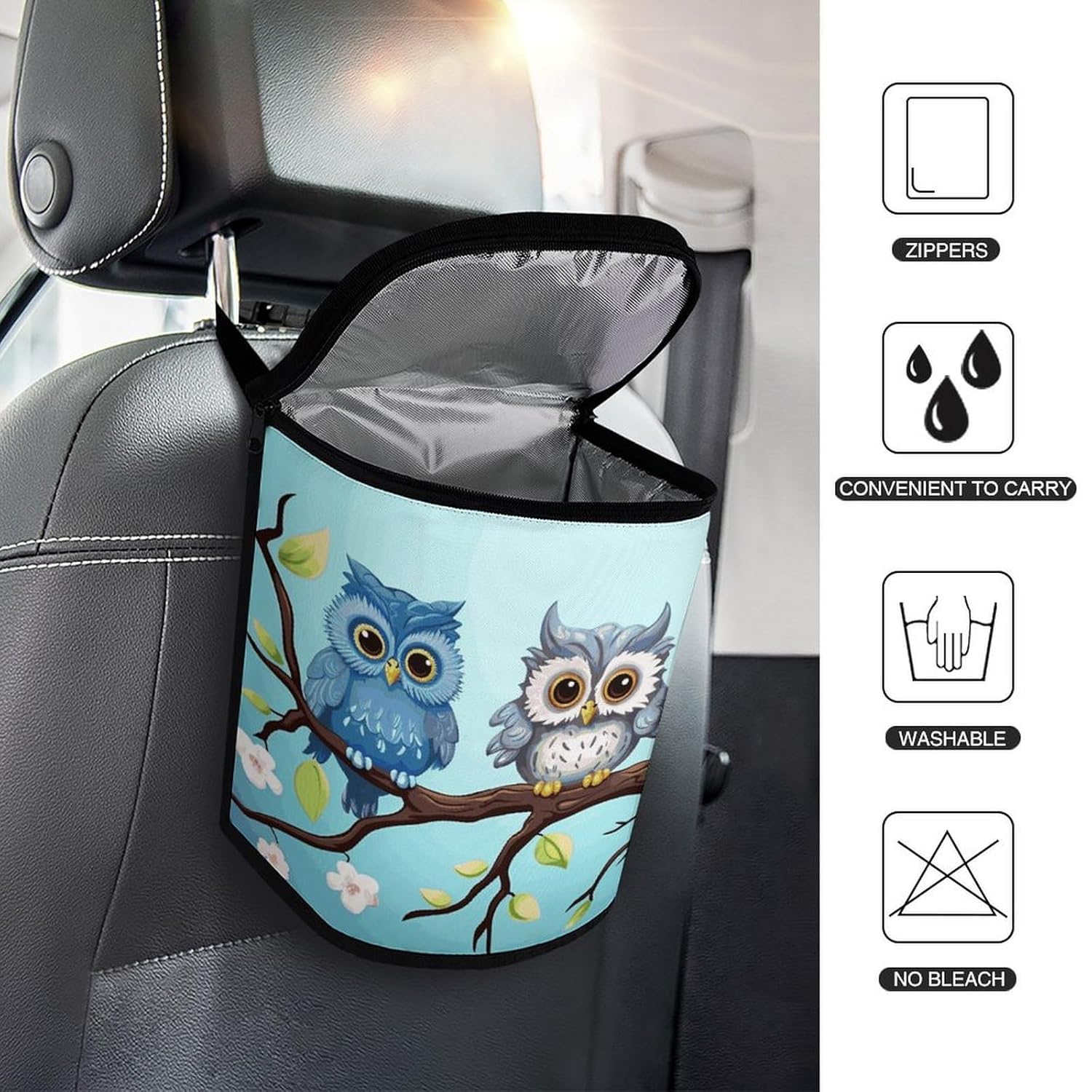 Owls on A Branch Car Trash Can 5.4 Gallon Smell Proof Hanging Car Garbage Bag with Lid Multipurpose Vehicle Garbage Organizer Cars Trash Bag for Outdoor Travel Home Use