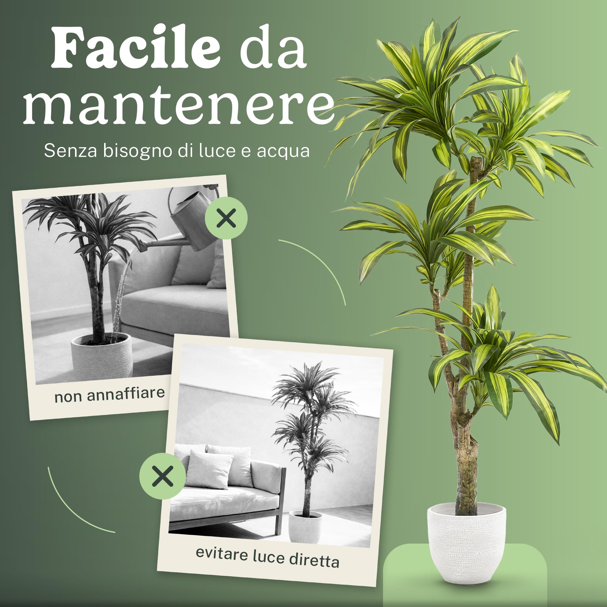 MAIA SHOP Dracaena artificiale 120 cm, pianta finta decorativa iperrealistica, albero tropicale per casa ufficio hotel e interni coperti