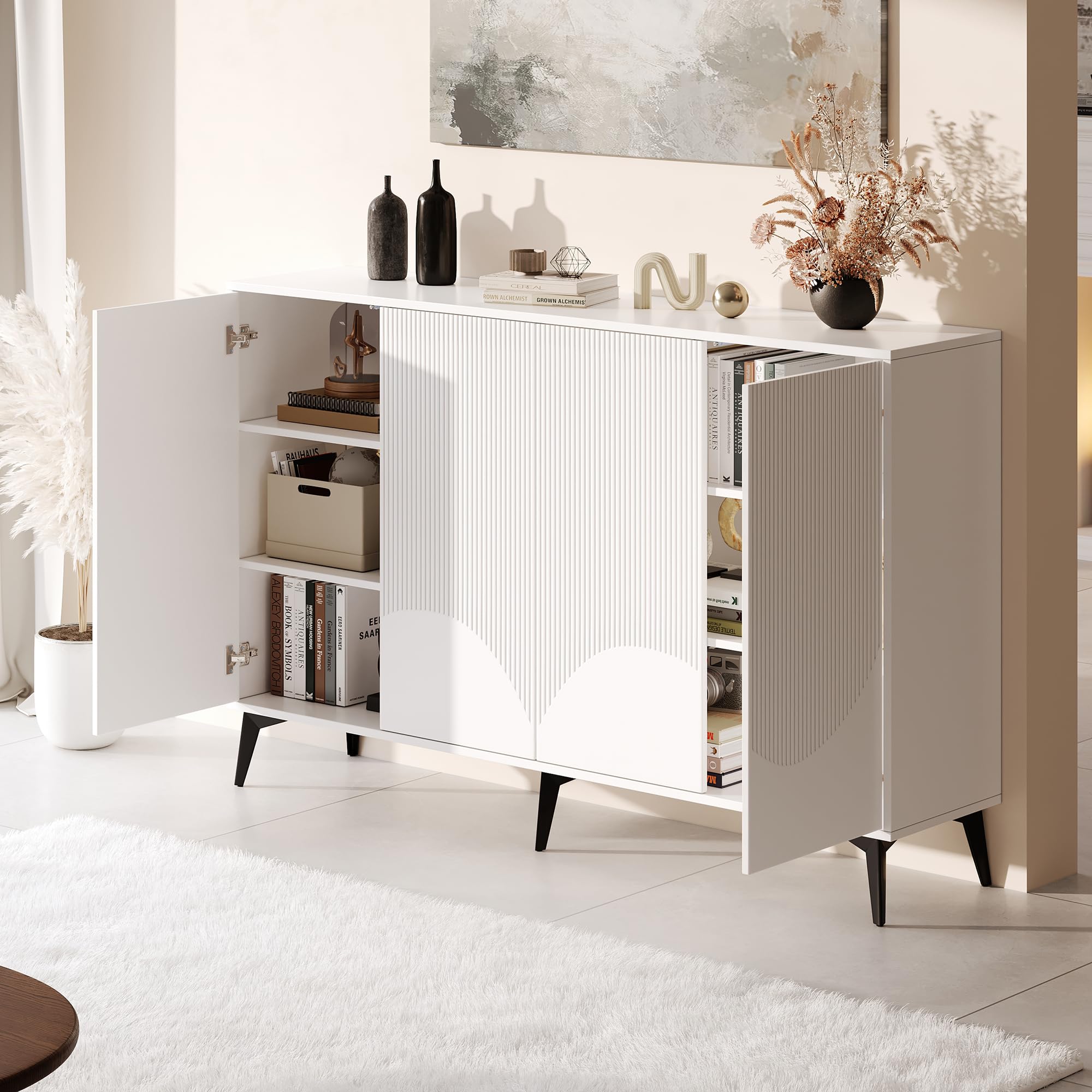 Weiß Sideboard Breite 160 cm, Multifunktionales Sideboard,Kommode, Highboard mit verstellbaren Einlegeböden, 4 Türen, Metallbeine