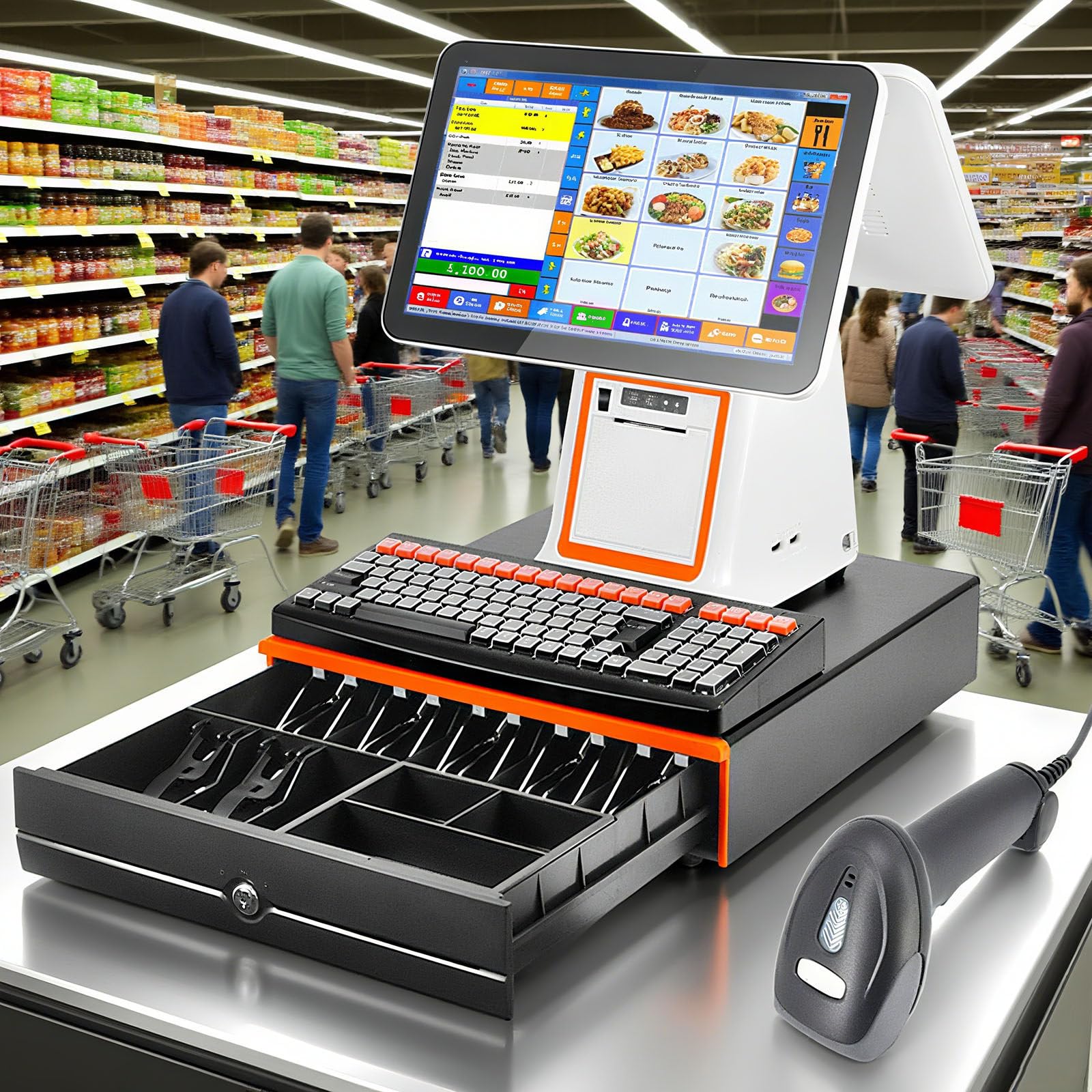 Système de Point de Vente Tout-en-Un à Double écran 15,6 Pouces avec imprimante Thermique, Lecteur de Codes-Barres et tiroir-Caisse pour Commerce de détail et Restaurant. White