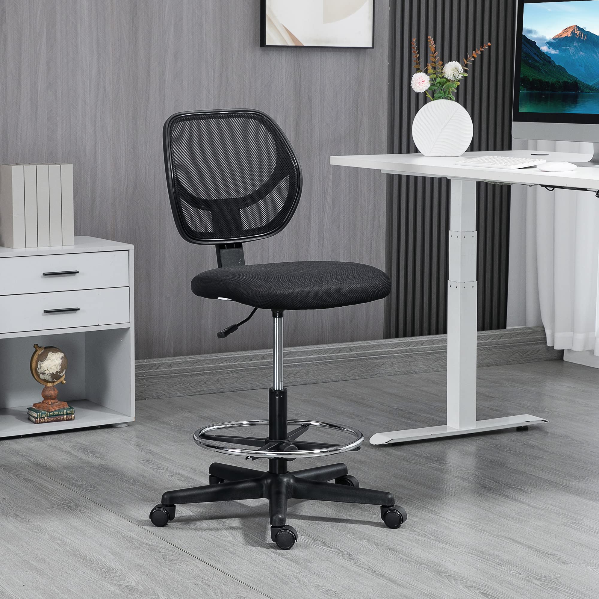 Vinsetto Bürostuhl Ergonomischer Zeichenstuhl Fußring 93-113 cm Schwarz | Verstellbarer Fußring, Höhenverstellbarer Drehstuhl, Schreibtischstuhl mit Rollen, Arbeitsstuhl