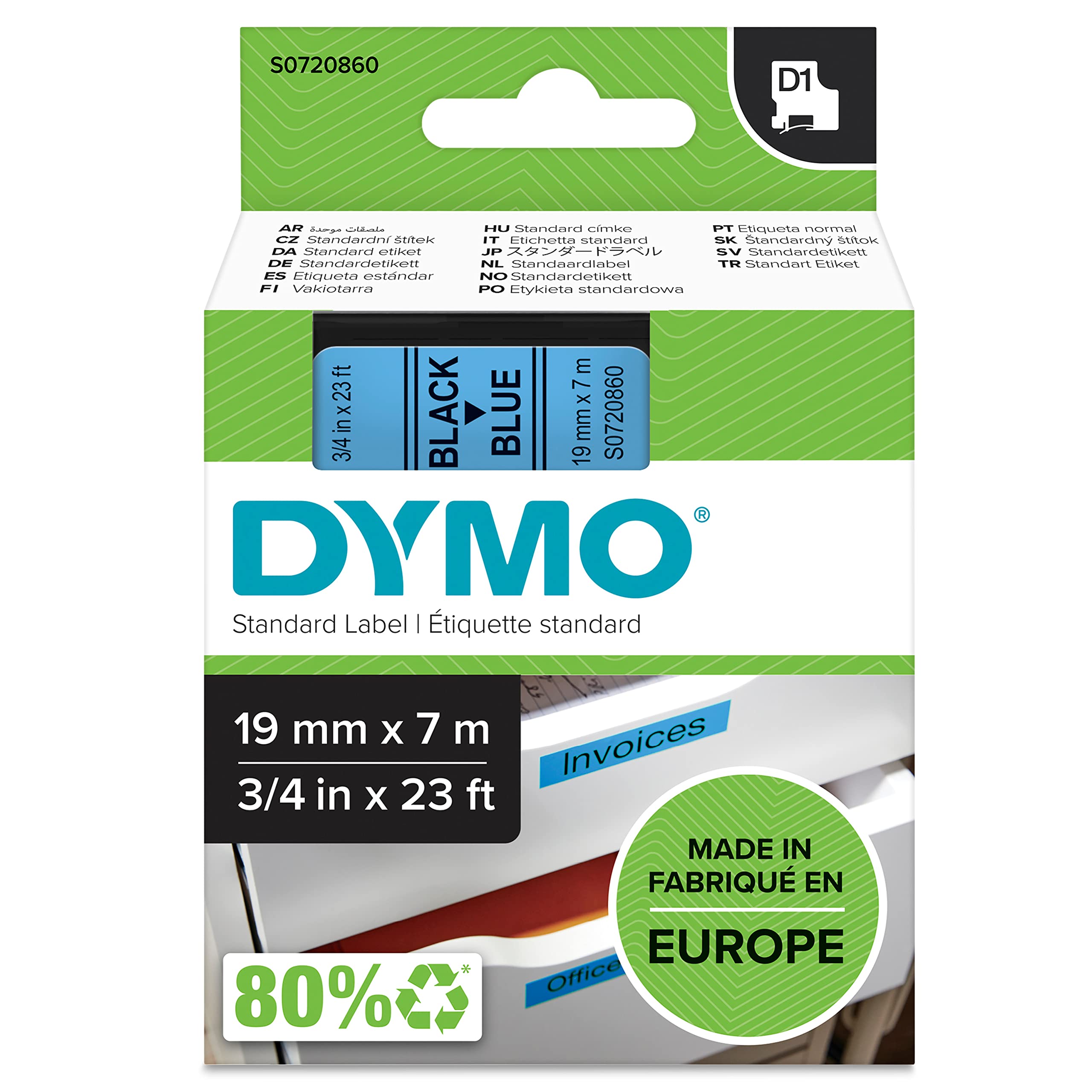 Original Dymo 45806 Black on Blue 19mm x 7m D1 Label Cartridge (S0720860)