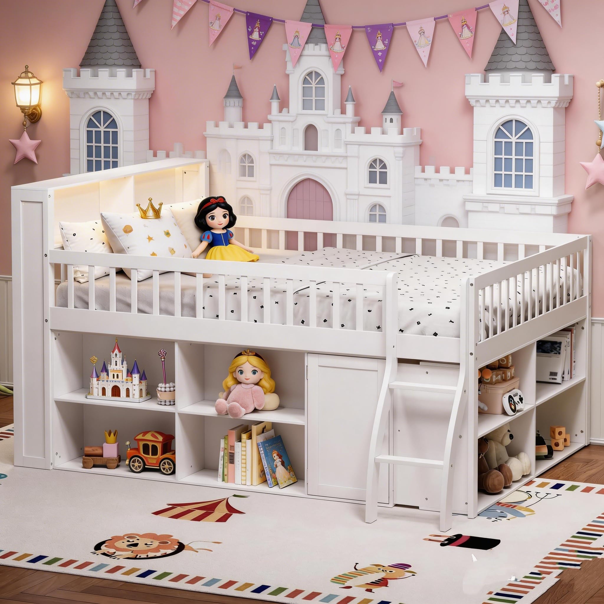 LUMISOL Full Size Low Loft Bed with Storage Headboard and LED Light for Kids, Wood Loft Bed Frame with Shelves, Safety Rails and Ladder for Boys Girls, White