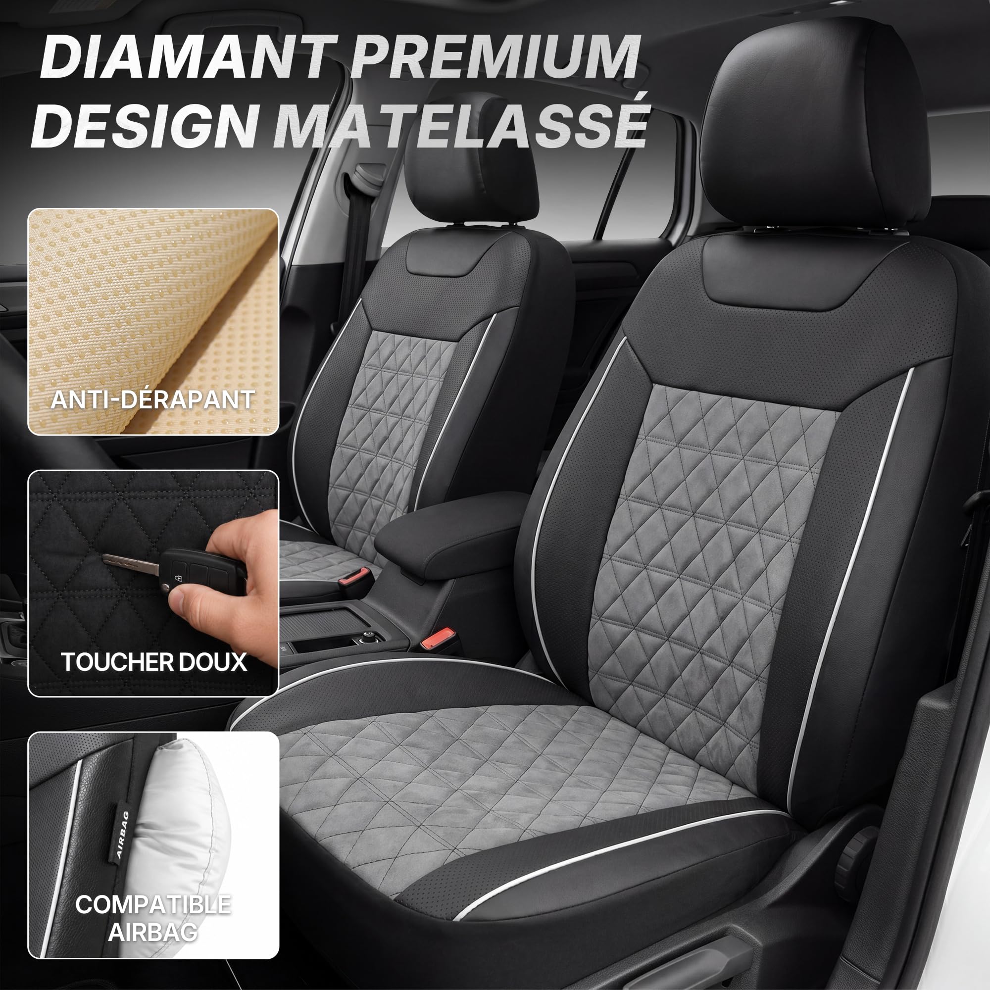 TOYOUN Housse Siege Voiture Universel Avant Tissu et Similicuir Doux Gris | Compatible airbags,Anti-usure anti-rayures protection sièges,Tissu perforé respirant,Dos antidérapant à picots
