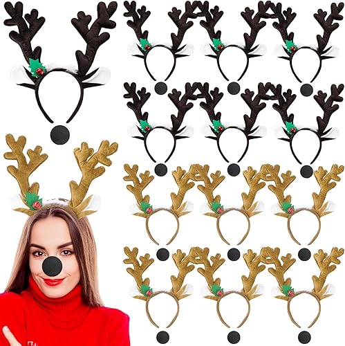 Unittype Juego de 24 diademas de cuernos de reno de Navidad, incluye 12 cuernos para el cabello, 12 narices negras para recuerdos de fiestas de