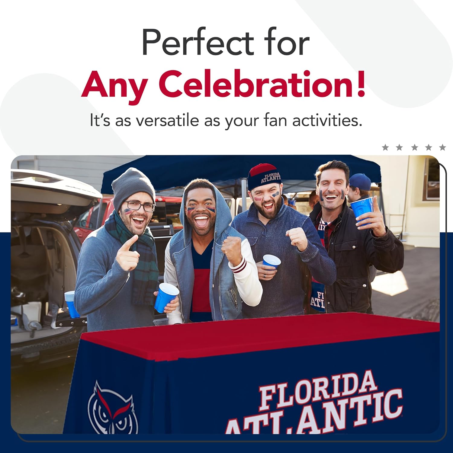 Florida Atlantic Owls College Sports Printed Table Throw - NCAA Licensed - Polyester - School Tablecloth (Blue, Red, White) (6' Draped)