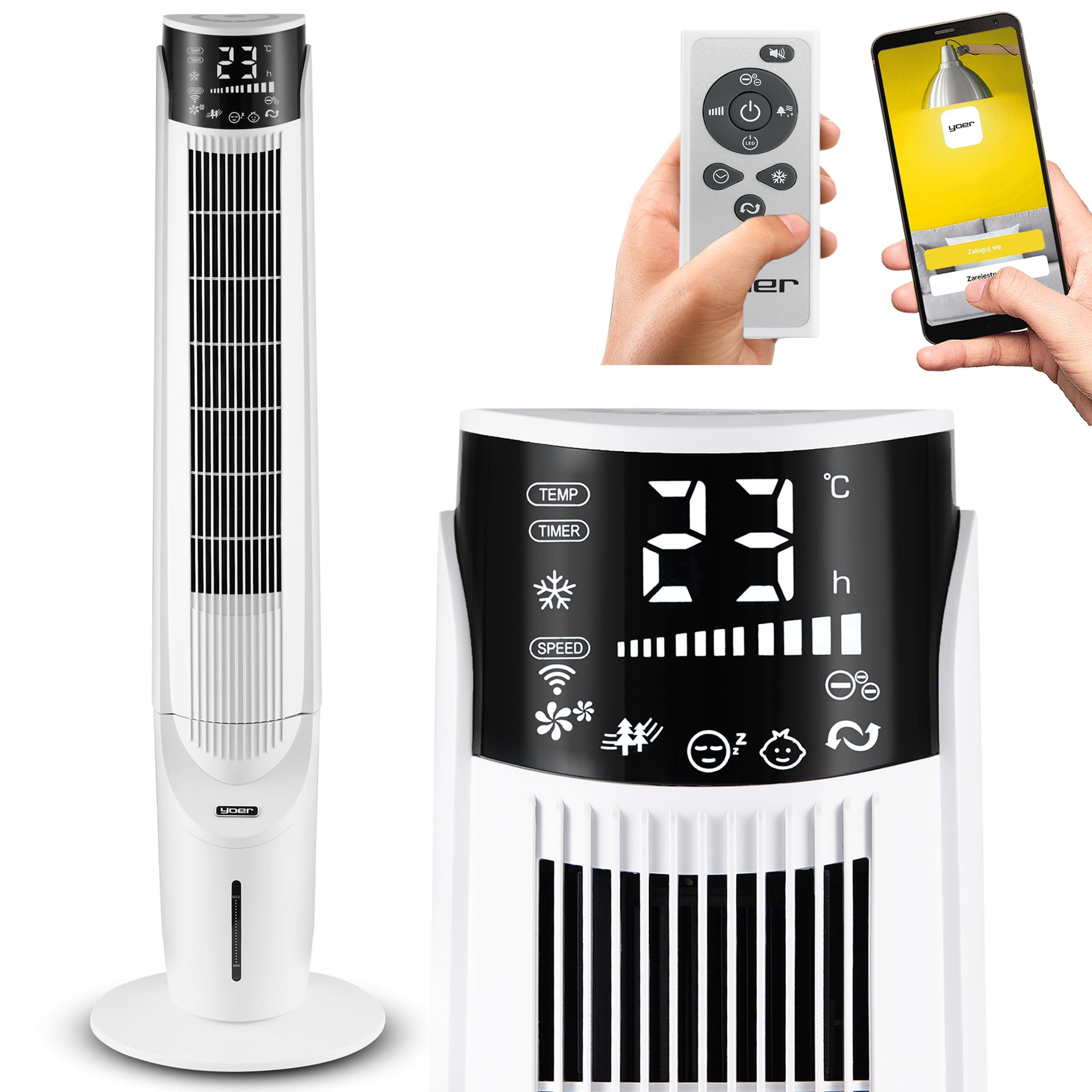 Yoer 33dB Cichy Klimator wodny przenośny 6w1, Wentylator kolumnowy, 60W, 10m Zasięg nawiewi, 2x szybsze chłodzenie, Nawilżanie powietrza, Aromaterapia, Jonizacja, 90° Oscylacja, Cascado TFC06W, biały
