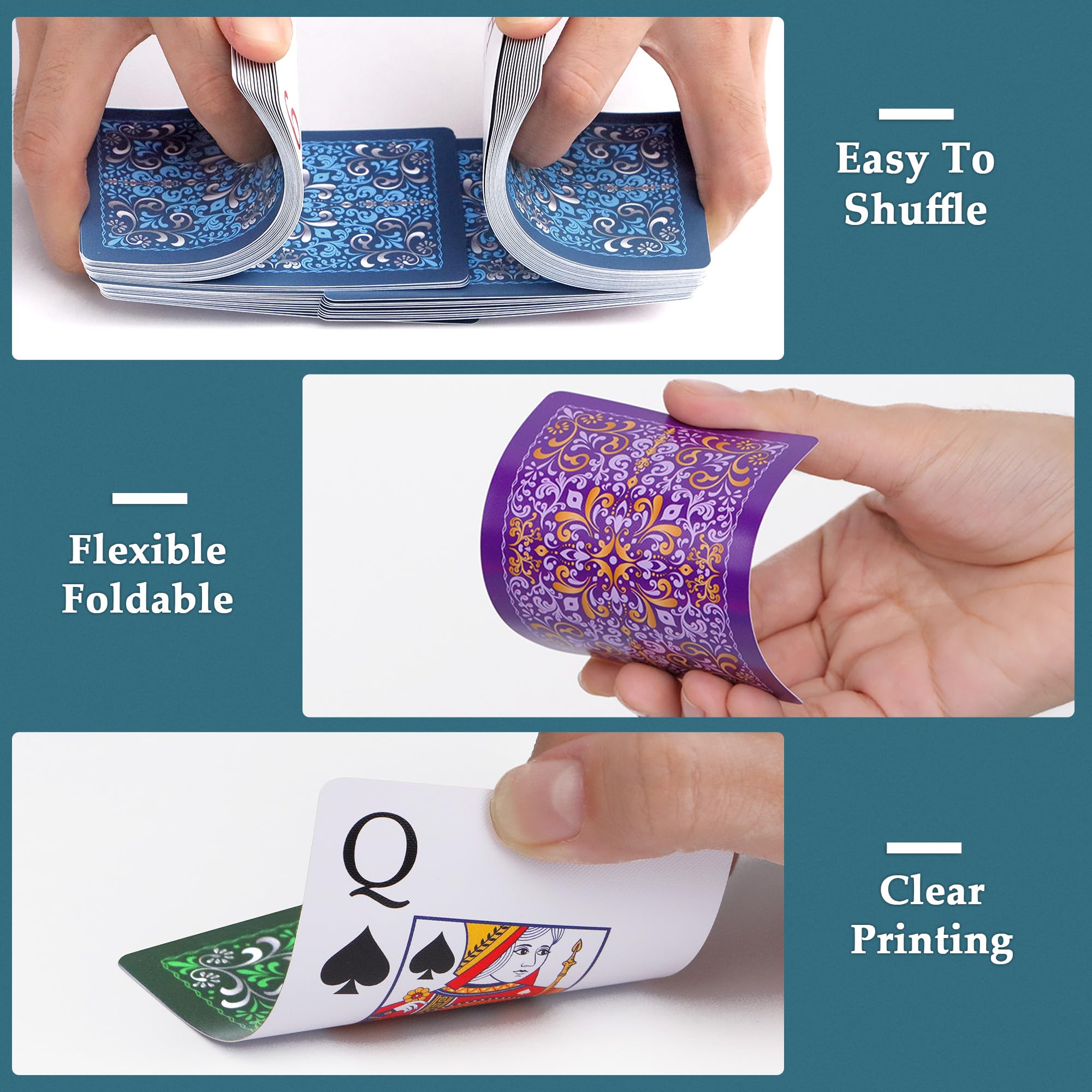 Spielkarten 12 Pack Kunststoff Spielkarten Wasserdicht Deck of Cards Bulk, Großdruck Spielkarte für Senioren Erwachsene, Premium Pokerkarten Set für Familienspiel Nacht Strand Pool Party Camping