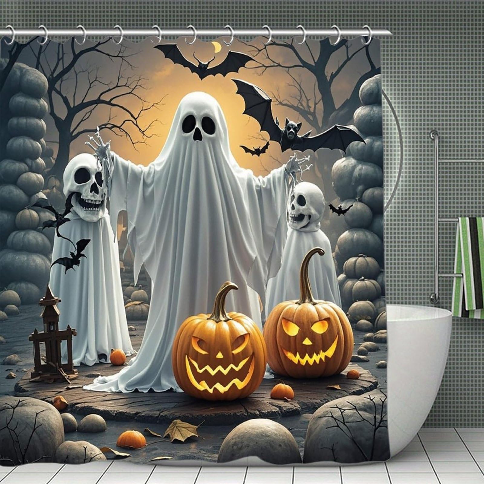 FekiLoot Pumpkin Lantern Ghost Shower Curtain Minimalist Thick Bathroom Curtain Washable Modern Bathroom Shower Curtain Heavy Duty Waterproof Cloth Bath Curtain with Hooks 70.8"x70.8"