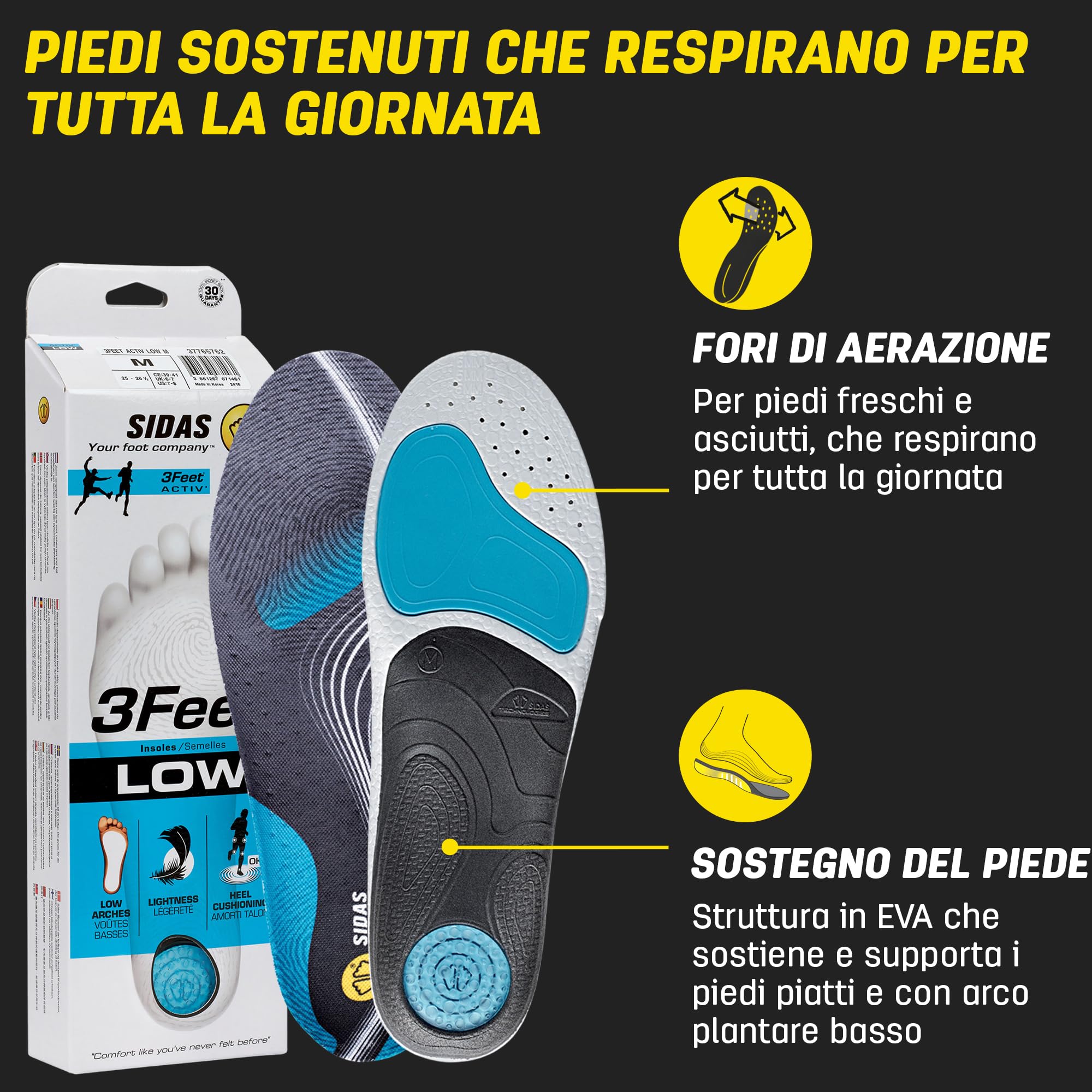 Sidas Solette 3feet Activ Low, Corsa e Multisport, Per Arco Plantare Basso, Assorbimento degli urti, Solette per scarpe da uomo e donna