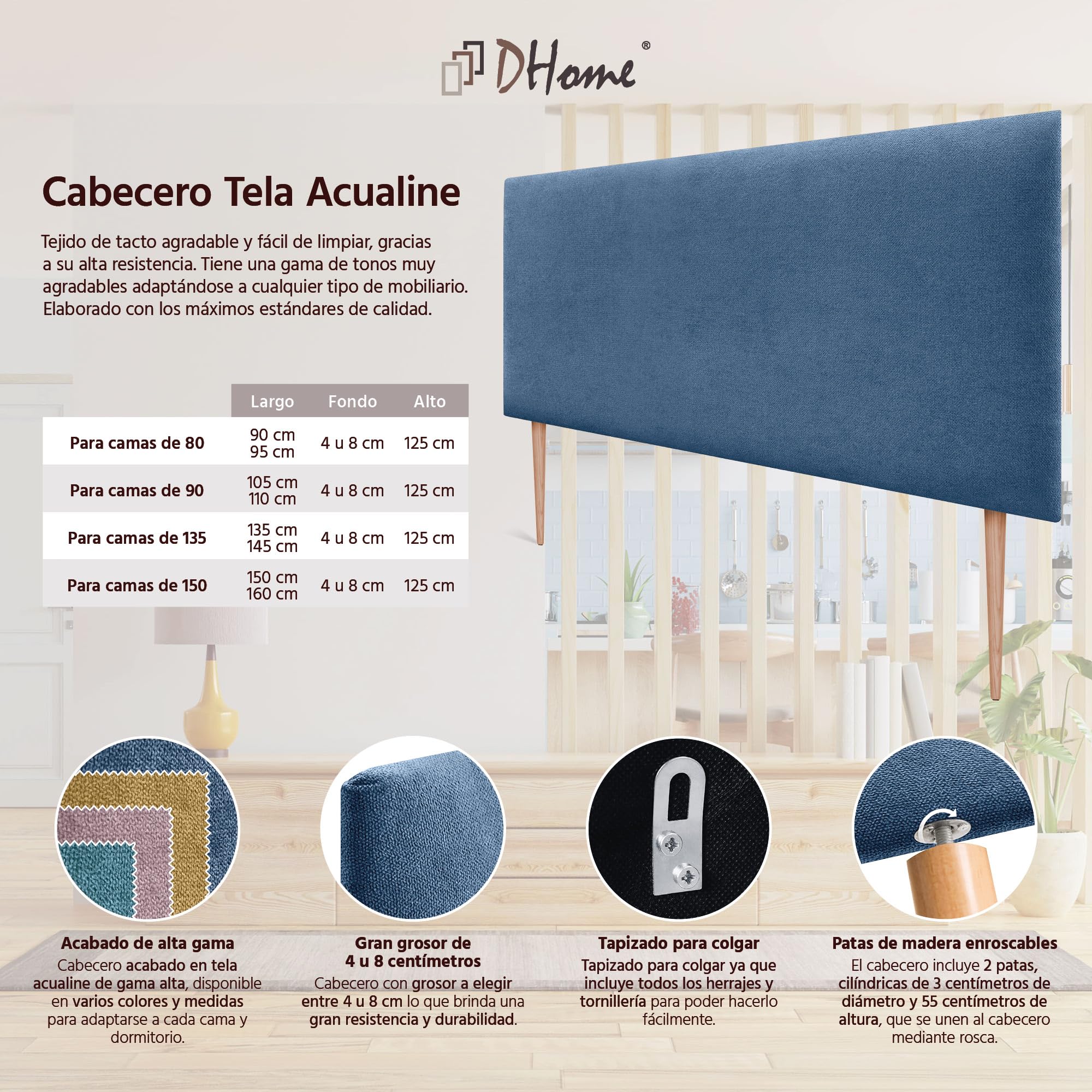 DHOME Testiera Imbottita Liscia in Tessuto Aqualine con Gambe Altezza 70 CM Spessore 4 cm e 8 cm per Parete Acustica Fonoassorbenti Testata Letto Camera (Azul, 160cm, Spessore 8cm)