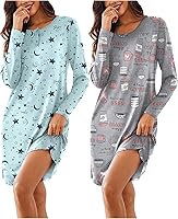 Ekouaer Women's 2 Pack Long Sleeve Sleepshirts Soft Nightgowns Comfortable Button-Down Pajama Dresses