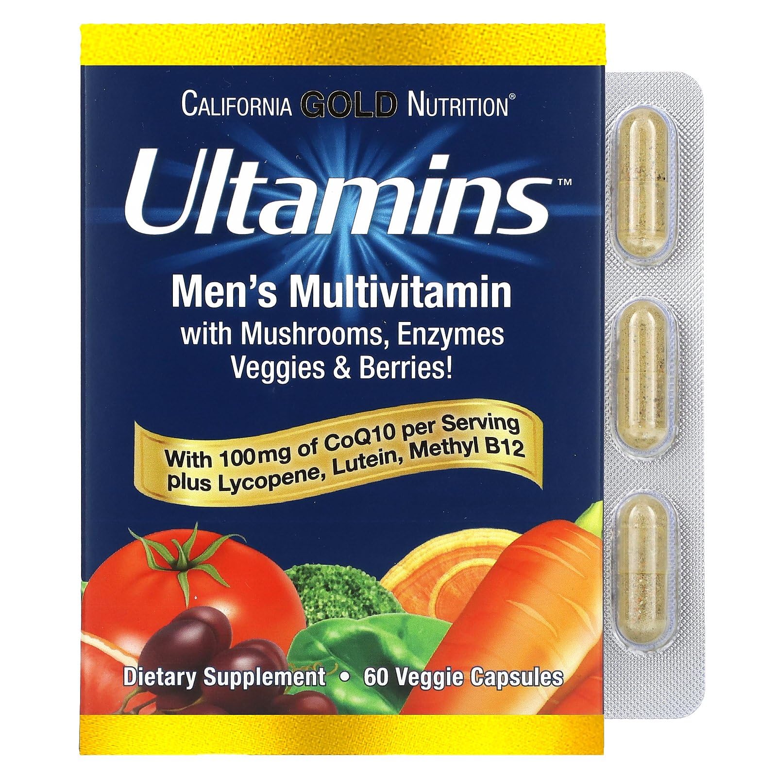 California Gold Nutrition Ultamins Men's Multivitamin with CoQ10, Mushrooms, Enzymes, Veggies & Berries, 60 Veggie Capsules