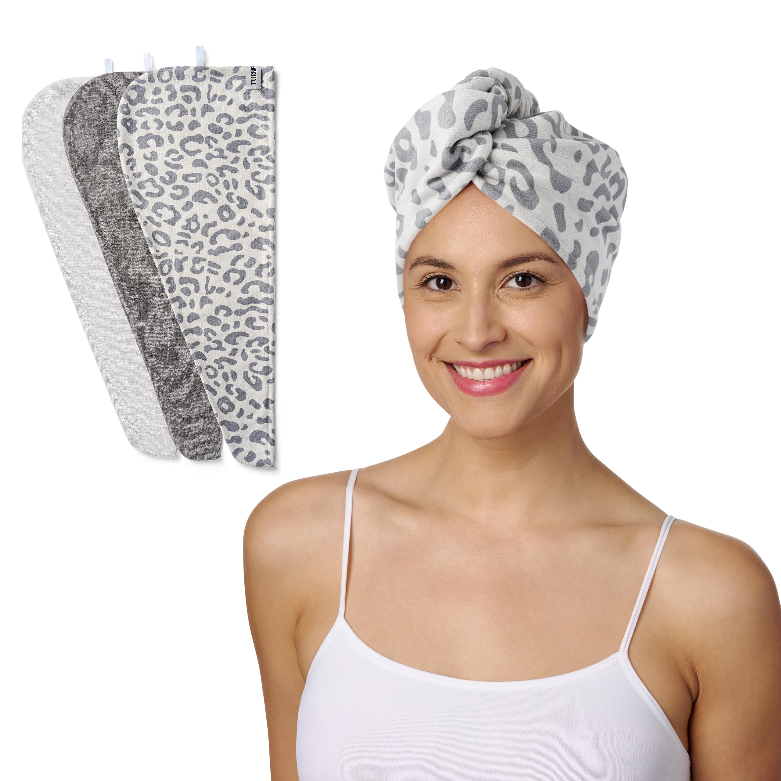 Turbie Twist Microfiber Hair Towel, Light, Dark Grey, Snow Leopard (3 Pack)