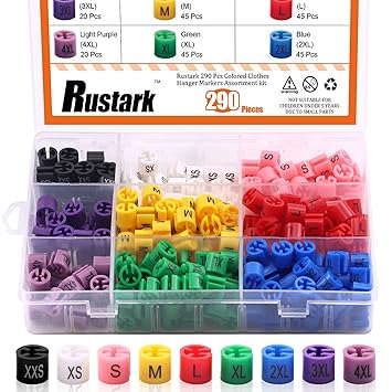 Rustark 290 Pcs Colored Clothes Hanger Markers Assortment kit- 9 Sizes (XXS - 4XL) Color-Coding Garment Size Markers Color Clothing Coded Size Clips Set with Storage Box