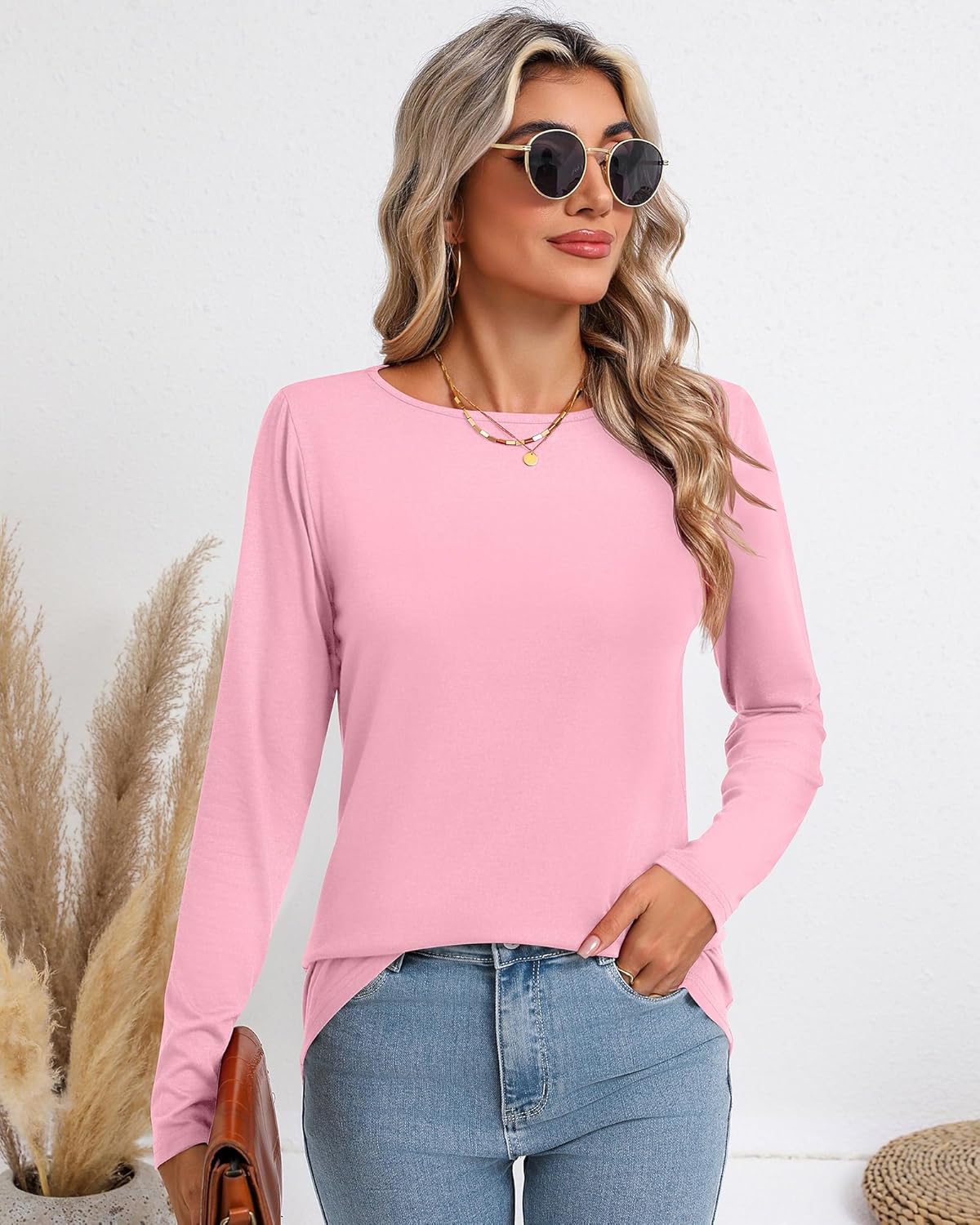 Ficerd 3 Pack Women's Long Sleeve Shirts Crew Neck Casual Tops Loose Fit Tee 2026 Basics Blouses Curved Hem Design - Image 3