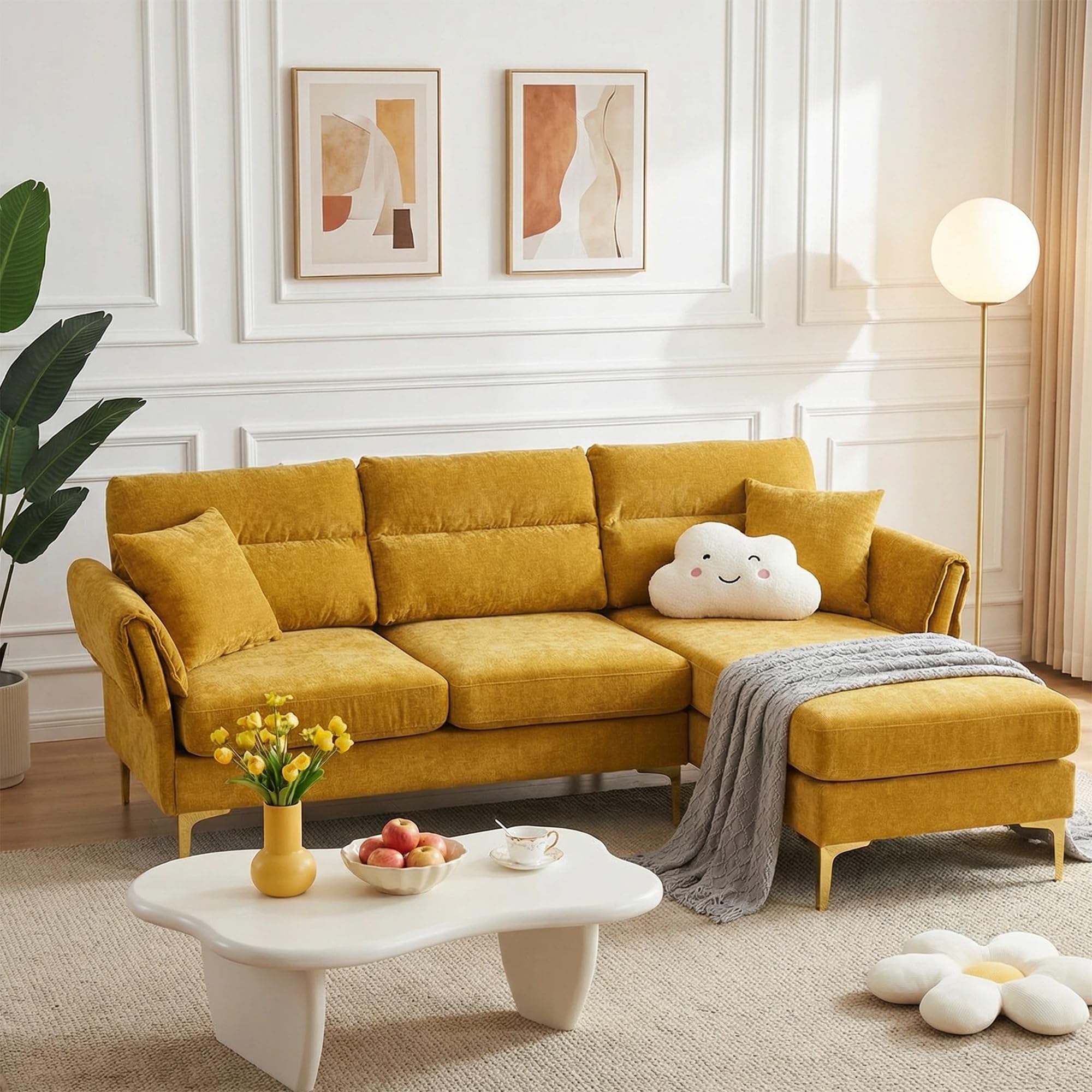 87”Chenille L Shaped Sectional Couches for Living Room,3 Seat Compfy Sofa with Lounge Chaise for Small Spaces,Mid Century Modern Style,Golden Yellow