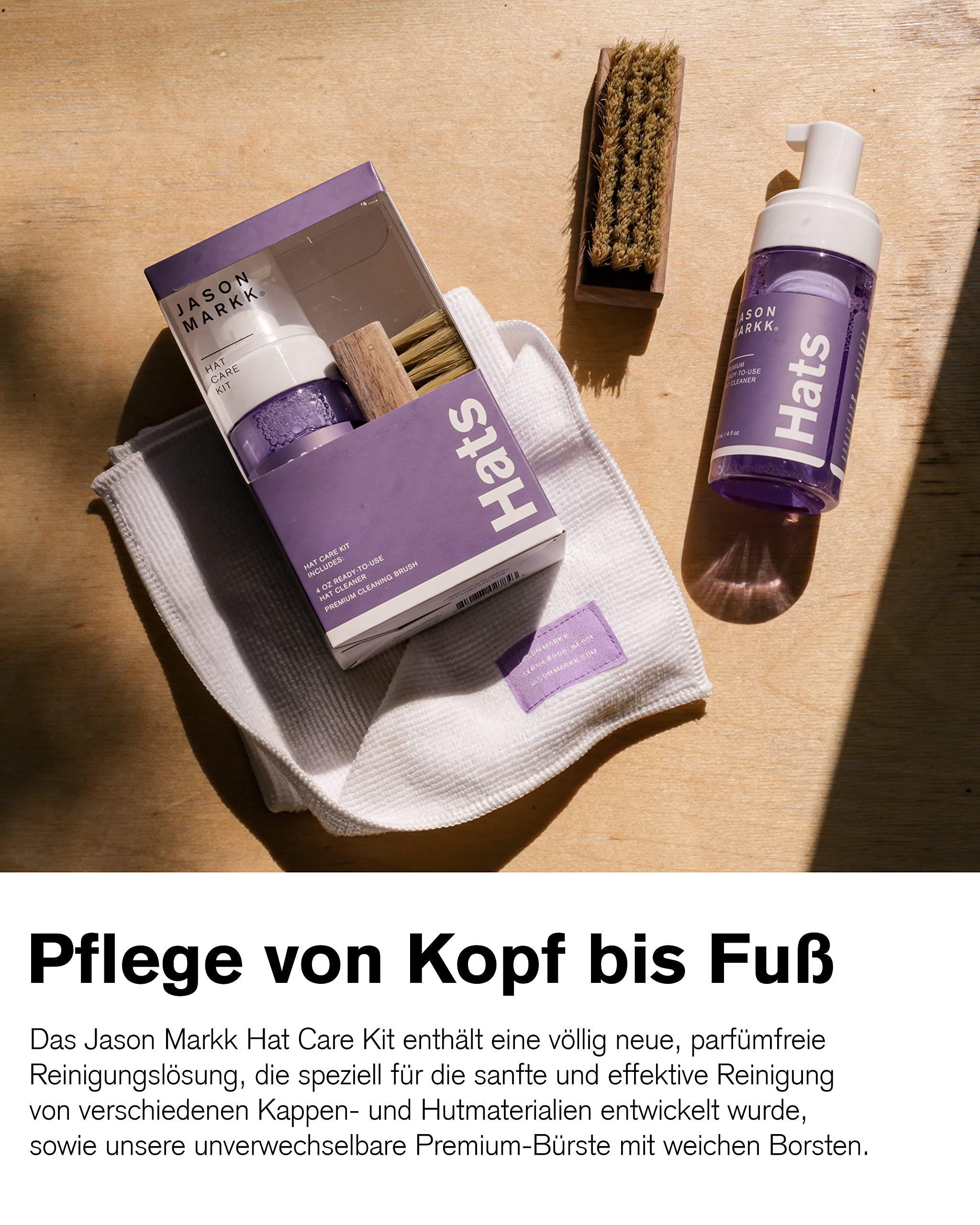 Jason Markk Hat Care Kit, 4 oz/ 118ml Schaumreiniger, Premium-Reinigungsbürste, reinigt effektiv Kappen, sicher auf allen Materialien, speziell entwickelt für Baumwolle, Wolle, Filz & mehr, parfümfrei