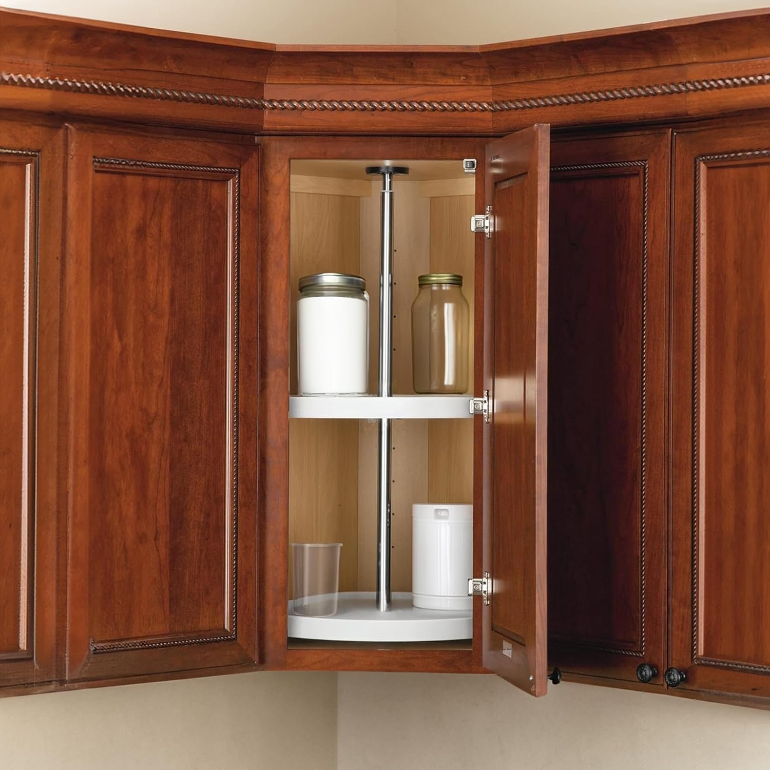 Rev-A-Shelf 18 Inch Dual Full-Circle Lazy Susan Organizer for Upper Corner Kitchen Cabinets, Plastic Home Storage 2 Tier Shelves, White, 6012-18-11-52