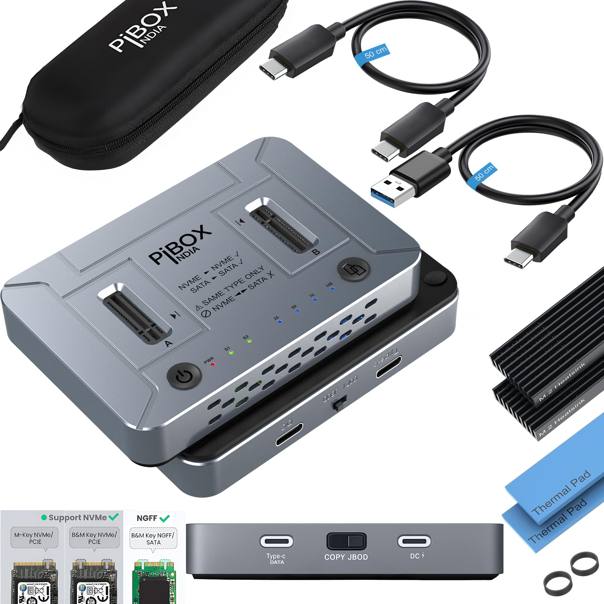 M.2 Dual NVMe NGFF Dock, PiBOX India NVMe/NGFF SATA Dual Protocol Docking Station Cloner USB-C 3.2 10Gbps, Dual Bay M.2 NVMe Dock, Offline Clone Reader Support M & B&M Key 2230/2242/2280 SSD REALTEK-image-38