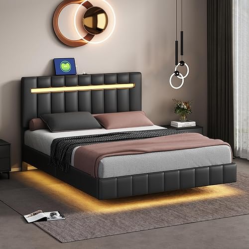 Miniatura 3 de Base de cama flotante moderna de tamaño Queen con canal vertical y cabecera de luces LED, base de cama tapizada LED con soporte de listones, no