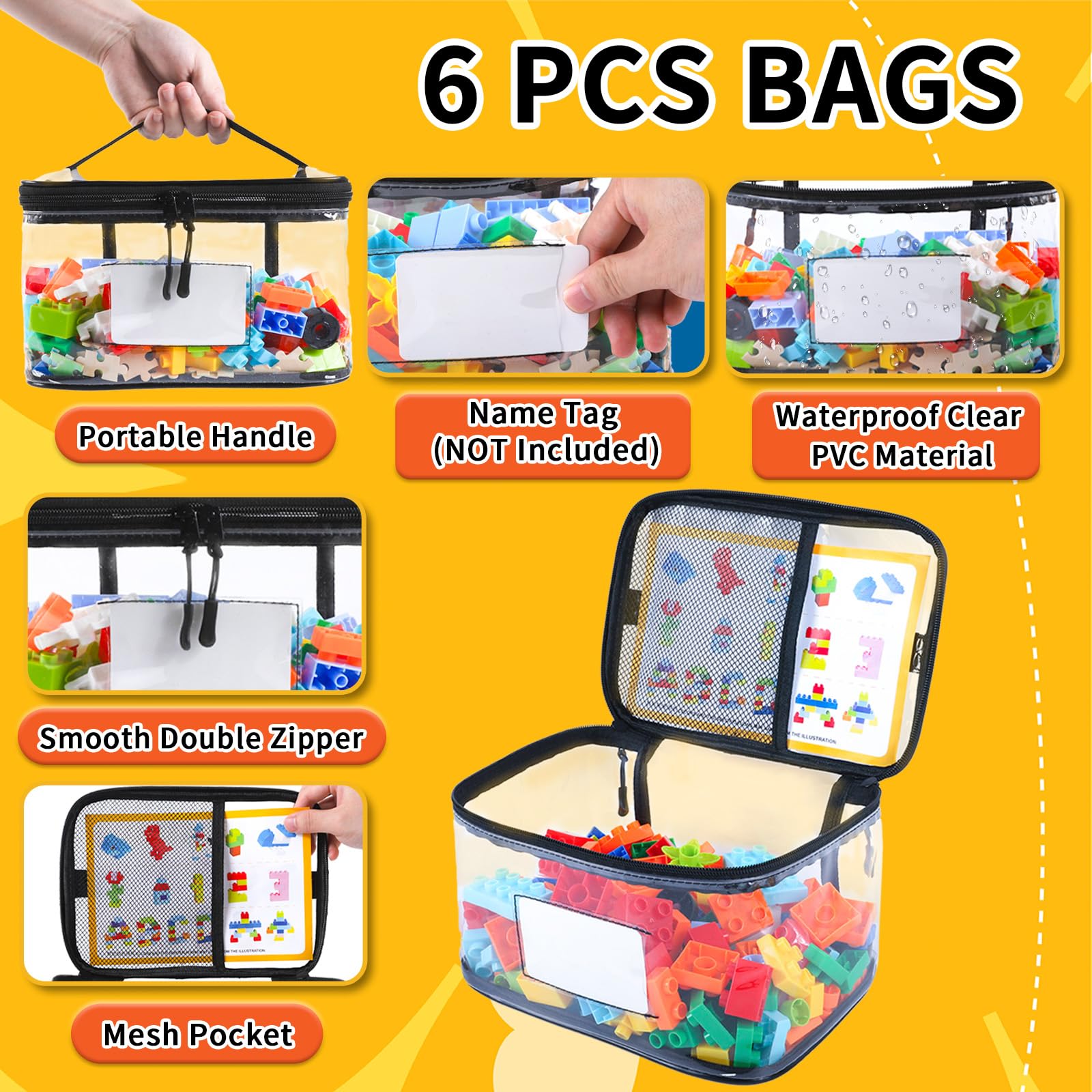 6 Pack Large Toy Storage Bags with Name Tag & Manual Pocket, Reusable Clear PVC Board Game Storage, Travel Waterproof Organizer Bags with Zipper for Building Blocks, Puzzle Storage, Kids Books