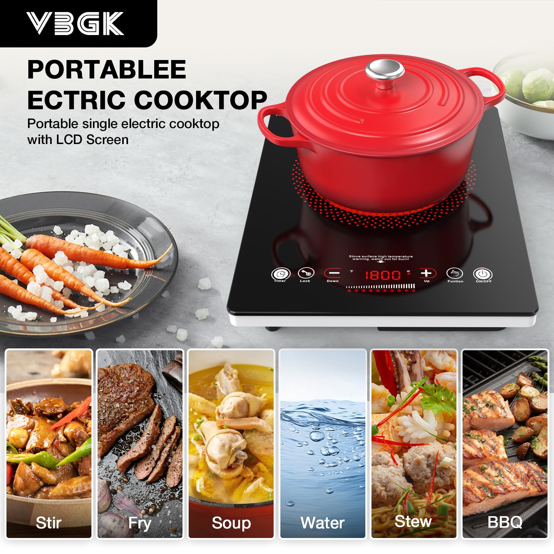Cocina eléctrica de un solo quemador, estufa eléctrica de 110 V 1800 W con control táctil LED, quemador eléctrico único 9 niveles de potencia, 4 hTimer, bloqueo de seguridad, protección contra 4