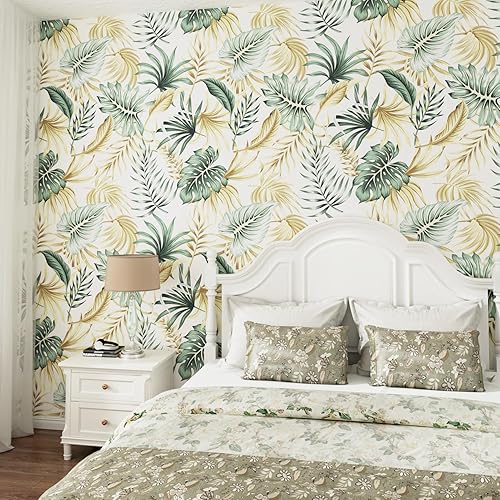 Miniatura 2 de WESTICK Papel tapiz dorado tropical para despegar y pegar para baño, papel de contacto tropical impermeable, papel tapiz floral para dormitorio,
