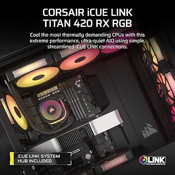 Corsair Titan 420 RX RGB Liquid CPU Cooler, 420mm AIO, Low-Noise FlowDrive Cooling Engine, Intel LGA 1851/1700 & AMD AM5/AM4, 3X RX140 RGB Fans, System Hub Included, Black