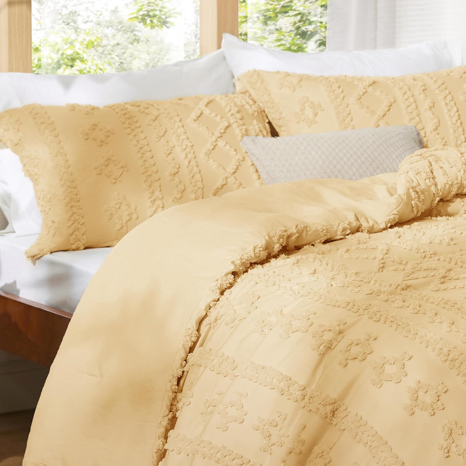 Bedsure Tufted Boho Comforter Set King Size - Yellow Boho Bed Set, GentleSoft™ 3 Pieces Farmhouse Shabby Chic Embroidery Bedding, Gifts for Woman, Soft Jacquard King Comforter for All Seasons - Image 6