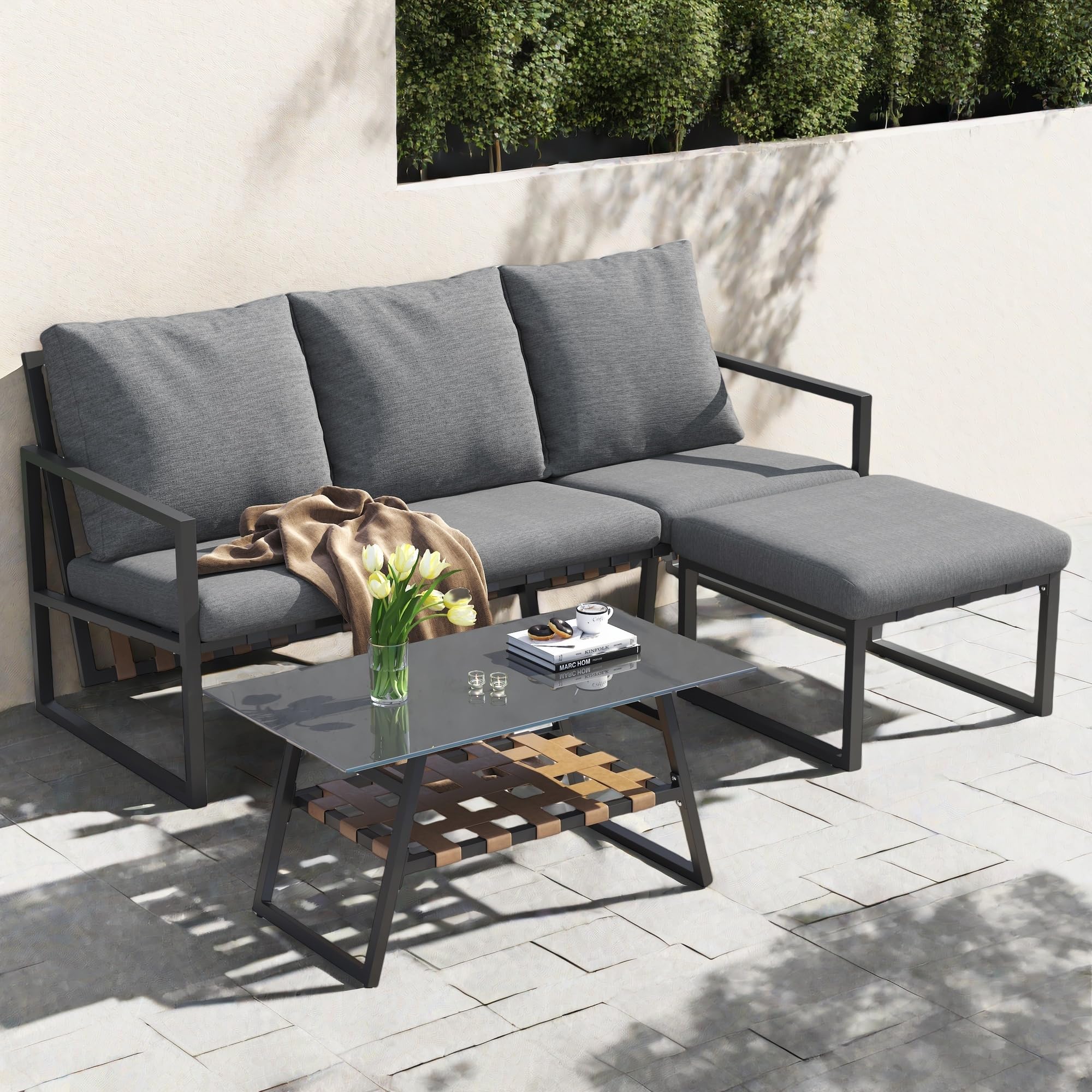 Juego de muebles de jardín, sofás para 4 personas, juego de esquina, sofá + mesa + reposapiés, tubo de acero galvanizado, tablero de cristal, sofá combinado para exteriores, gris