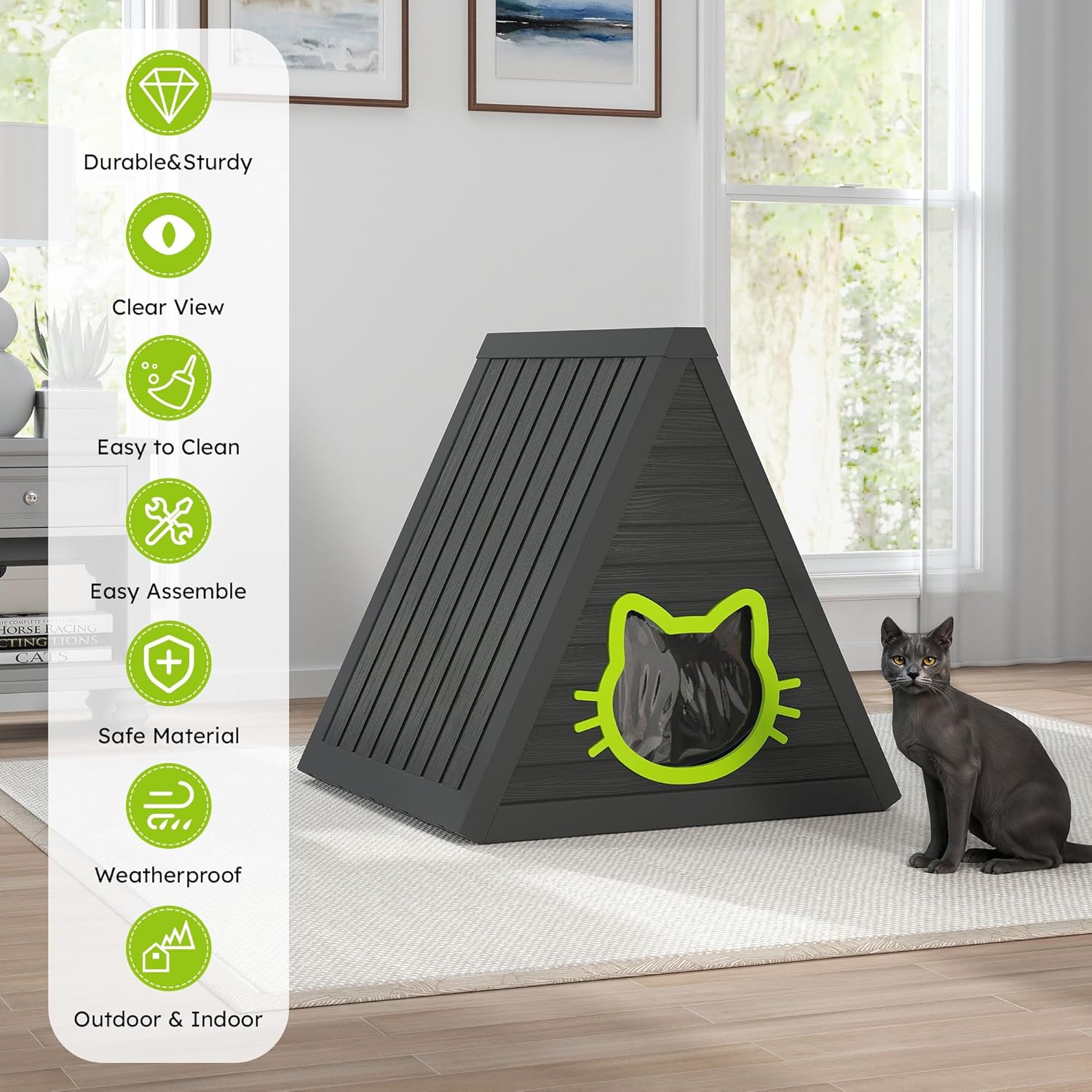 Outdoor Cat House Weatherproof, Resin Triangular Cat Houses for Outdoor Cats, Feral Outdoor Cat Shelter with Dual Cat-Shaped Doors, Easy to Assemble & Clean, Black
