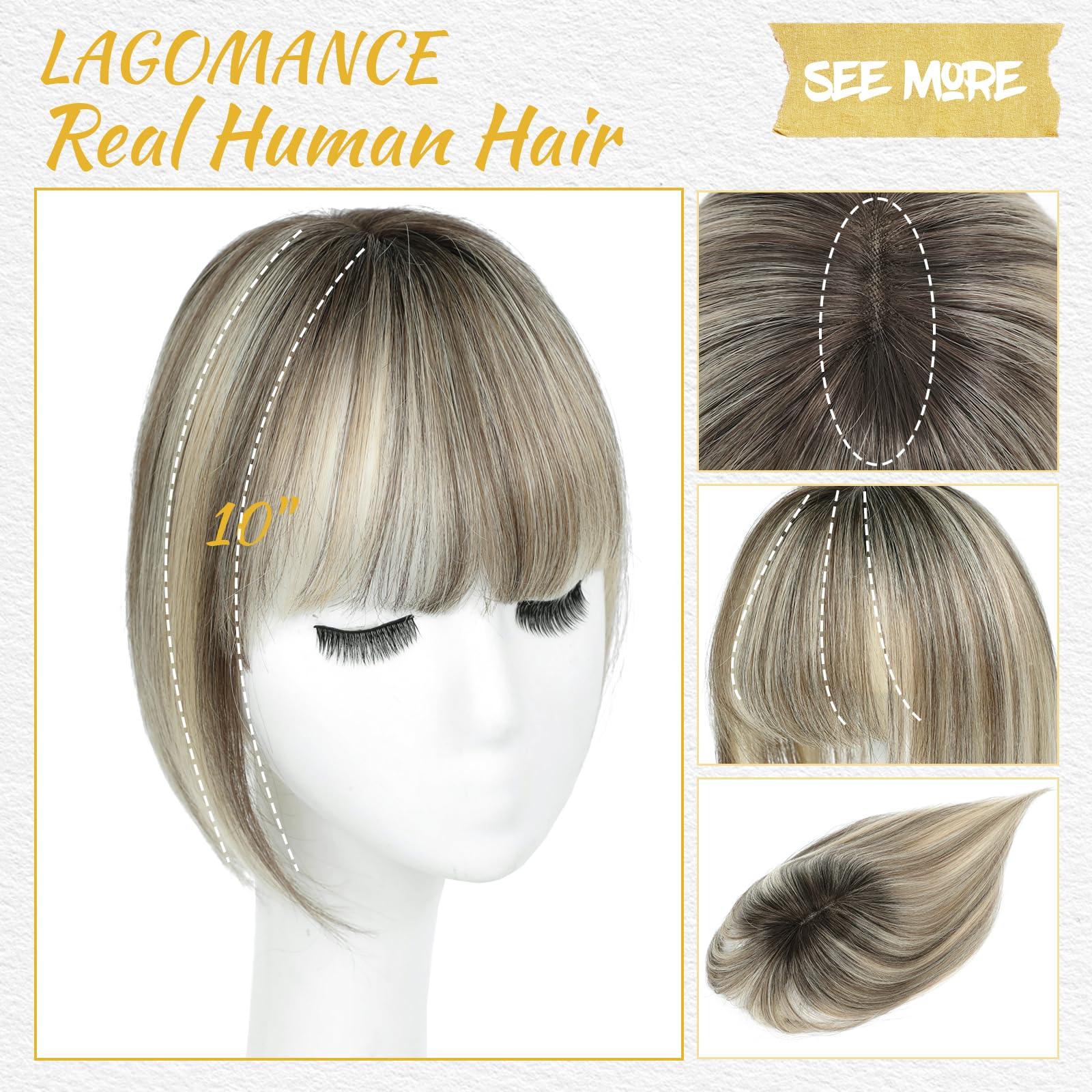 2T613 Haarteil aus 100 % Echthaar für Damen, Echthaar, 25,4 cm, Ombré-Hellbraun mit blonden Highlights, mit Pony, Schweizer Basis, Clip in Pony für dünner werdendes Haar