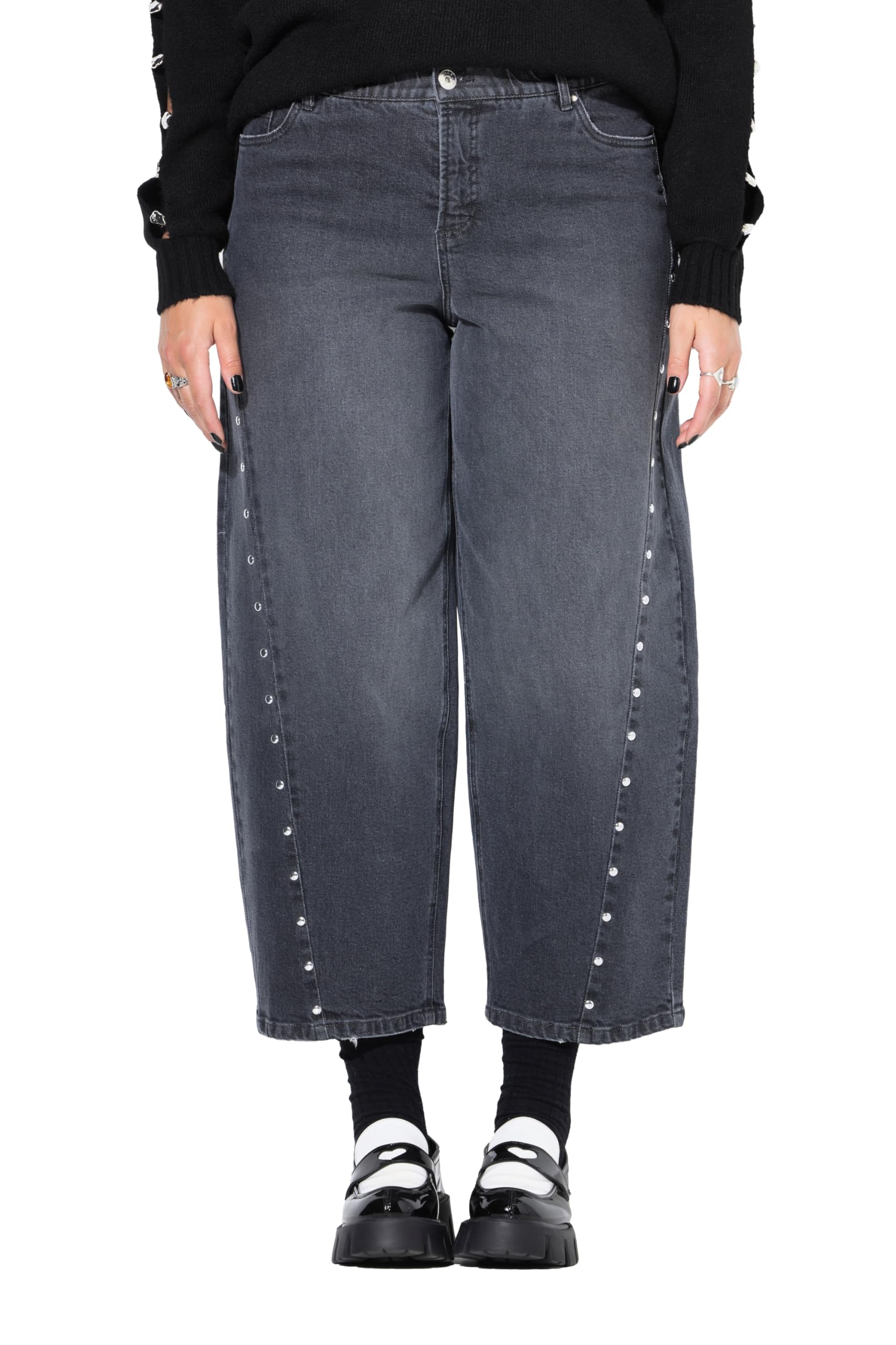 Studio Untold Damen große Größen Übergrößen Plus Size Barrel-Jeans, Wide Ballon Legs, High Waist, Ziernieten-Naht 844493