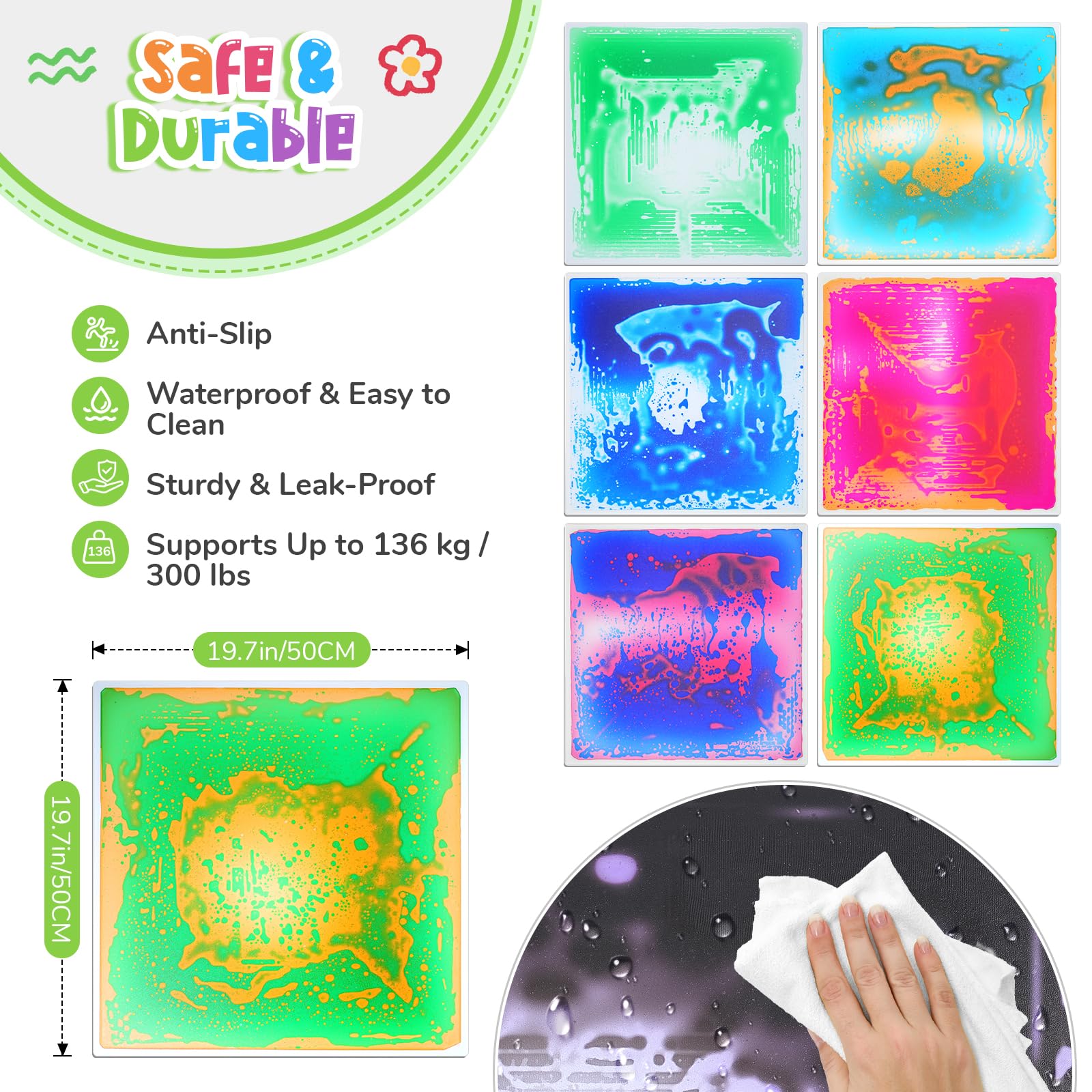 Azulejos sensoriales líquidos grandes para niños, paquete de 4 tapetes sensoriales antideslizantes a prueba de fugas de 20 x 20 pulgadas, certificado CPC, azulejos que cambian de color para niños