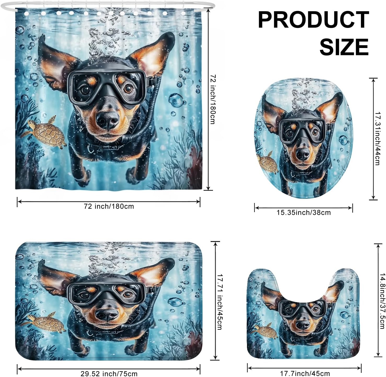 4PCS Spring Doberman Dog Bathroom Accessory Sets with Non-Slip Rug, U Shape and Toilet Lid Cover Mat, Funny Puppy Kids Ocean Cartoon Bathroom Decorative-72''x72''