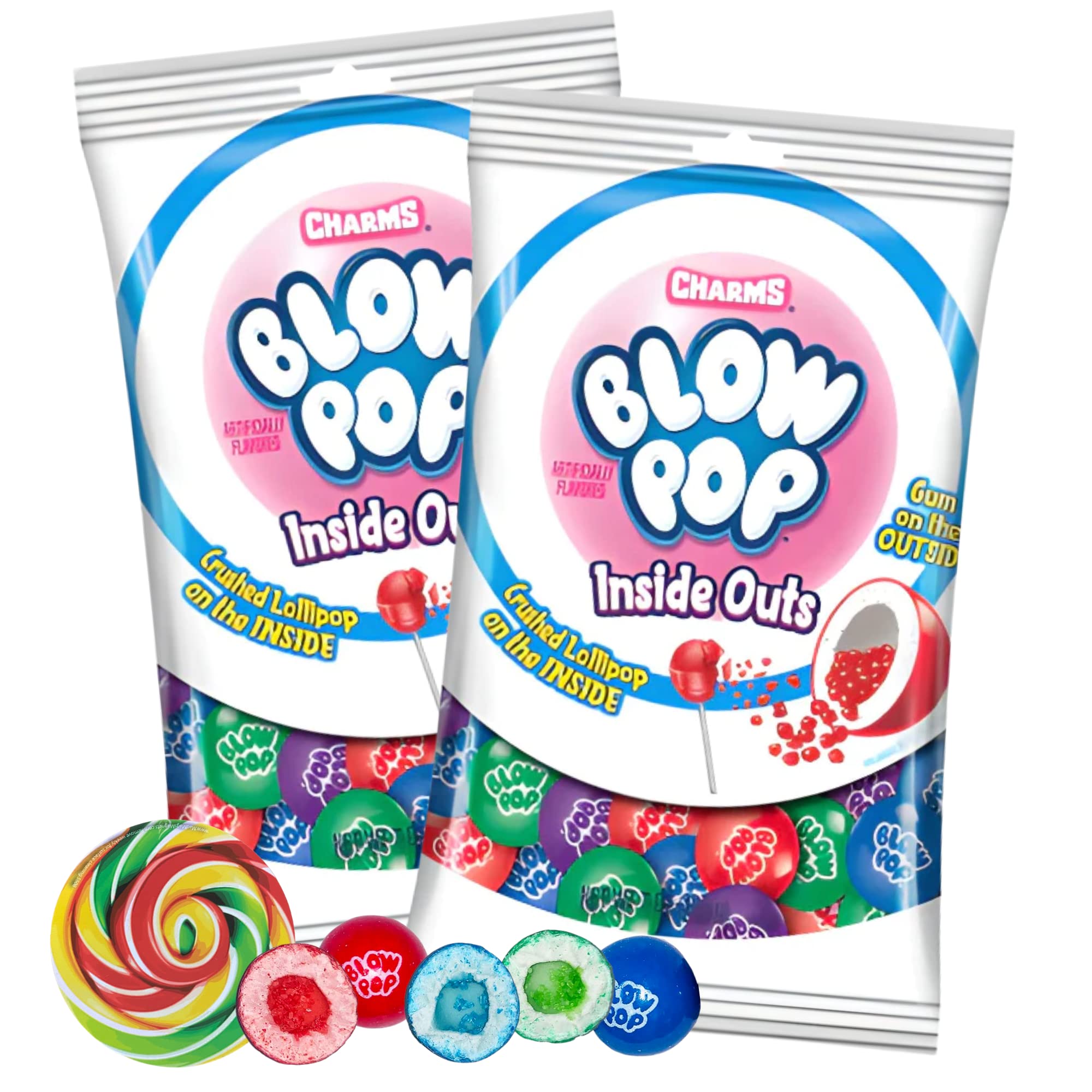 Needzo Charms Blow Pop Inside Out Gumballs, Crushed Up Lollipop Center with Chewy Outside, Valentine’s Day Party Favors and More, 2 Pack, 7 Ounces