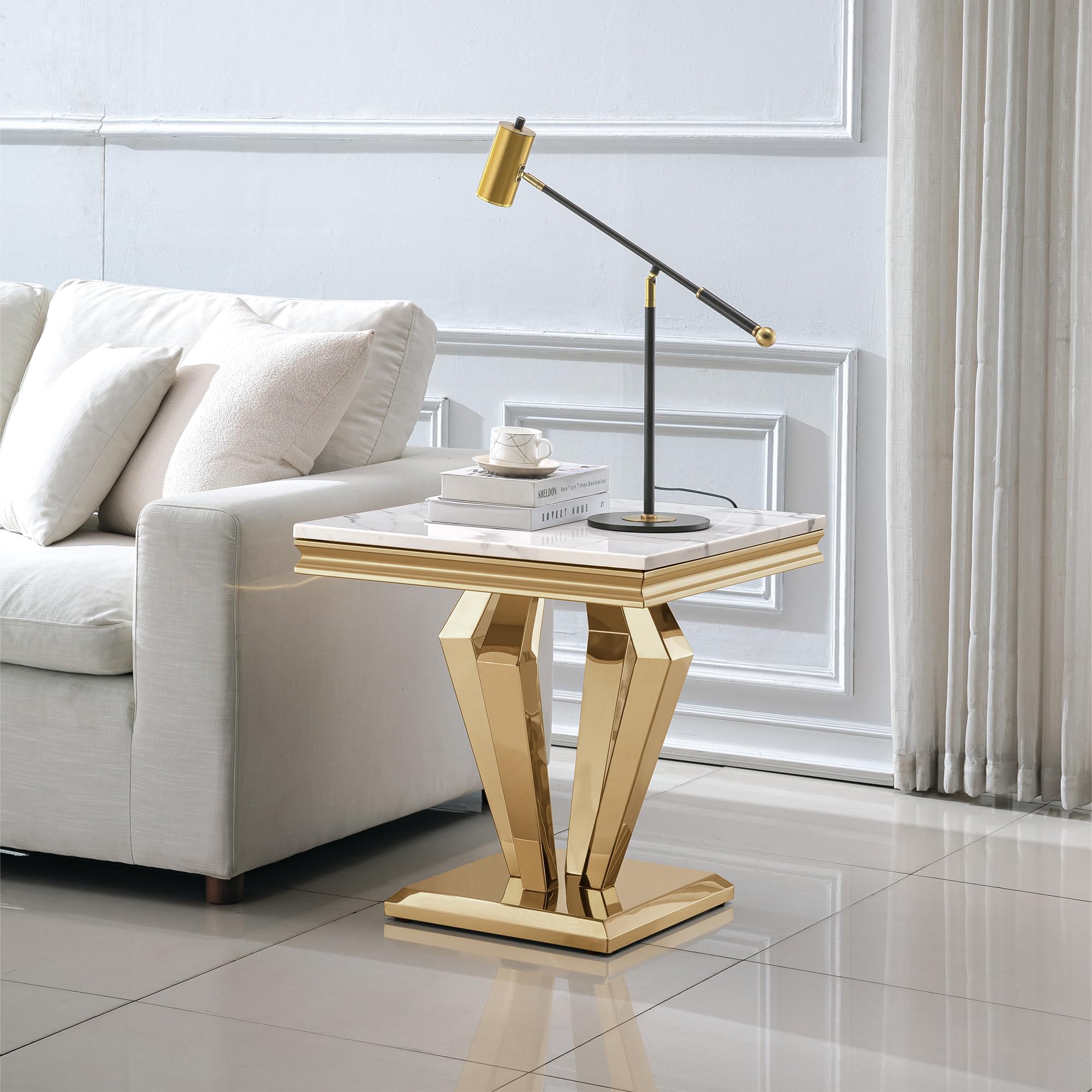 Modern White Marble End Side Table Small End Table with Diamond Design Stainless Steel Base Faux Marble Pedestal End Table Nightstand for Living Room,