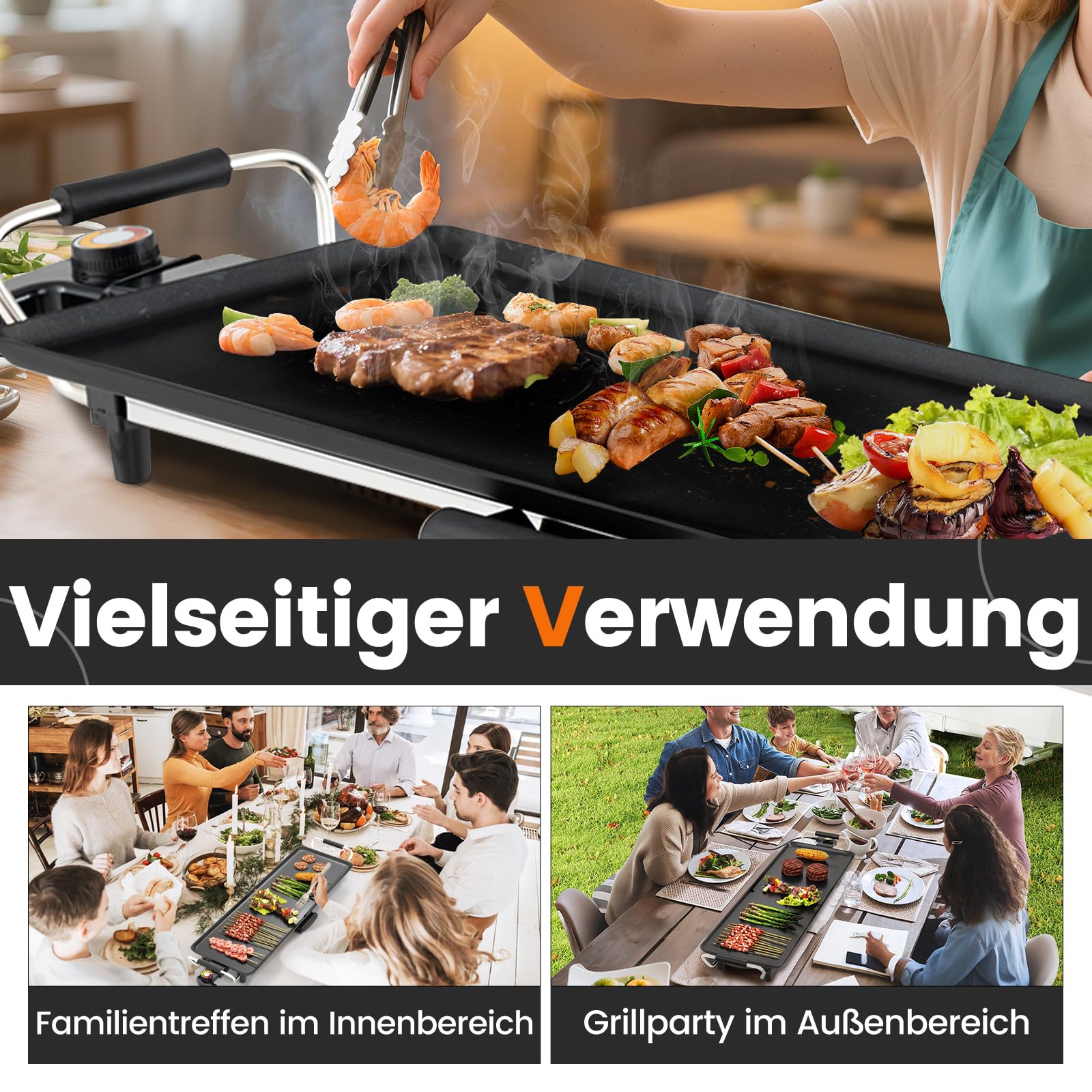RELAX4LIFE Tischgrill elektrisch, 68,5 x 22,5 cm extra lange Teppanyaki-/Plancha-Grillplatte, Elektrogrill mit Antihaftbeschichtung & 4-stufige Temperaturregelung, 1400W, für BBQ, Familienessen, Party