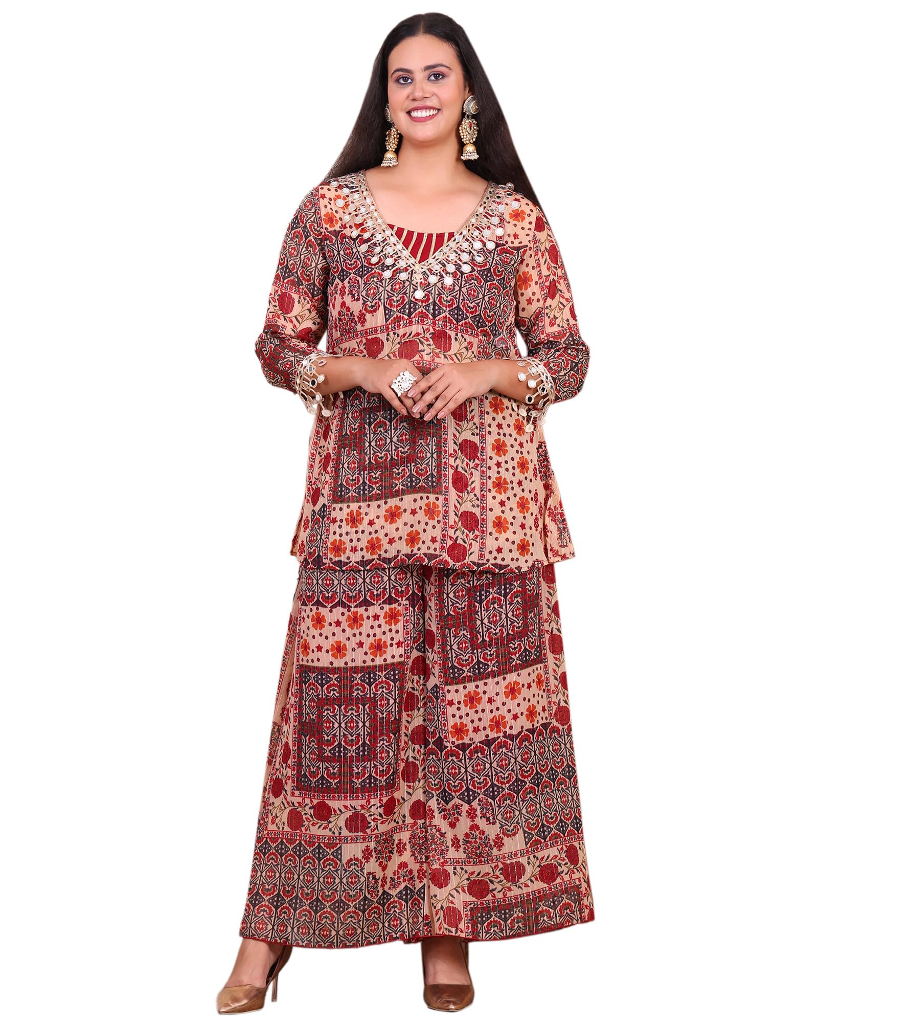 Women's Floral Chiffon Ankle Length Crop Top with Tunic & Palazzo|V-Neck|Cord Set for Women Fashion|Long Western Dress for Women Stylish|Latest Three Piece Co ord Set|Casual Wear(Multicolor)-image-33