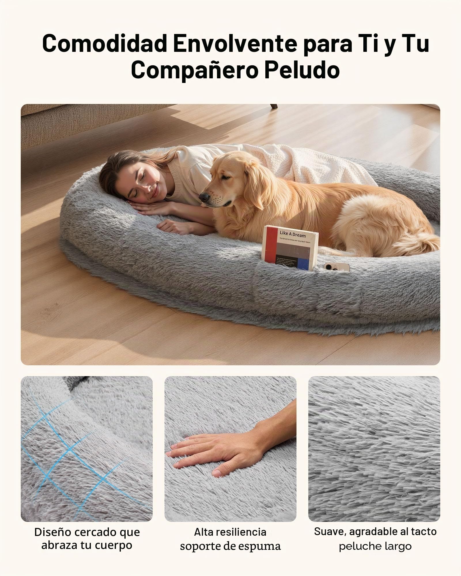 VEVOR Cama Acogedora para Perros, Diseño Ovalado, 174 x 118 x 24 cm, Espuma Viscoelástica, Tamaño Humano, con Bolsillo Lateral, Asa y Cremallera, Funda Extraíble y Lavable a Máquina, Gris Oscuro