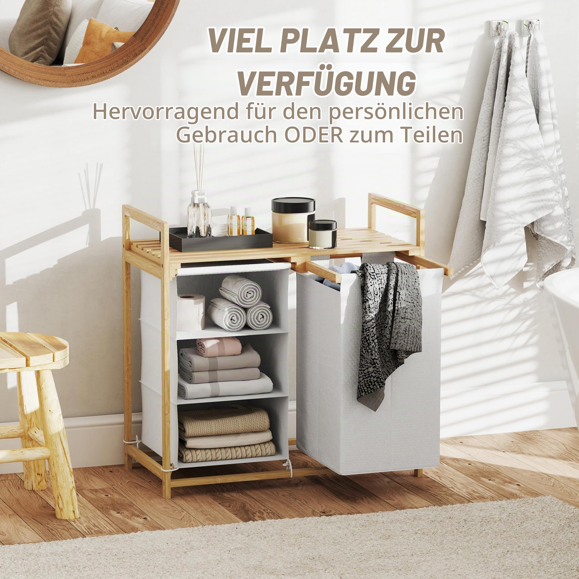 HOMCOM Wäschekorb 4 Fächer Bambus 83L mit Ablage Griff 70 x 36 x 70 cm Weiß | 2 Ausziehbare & Abnehmbare Wäschesäcke aus Vliesstoff, Wäschesammler, Wäschebox, Wäschesortierer