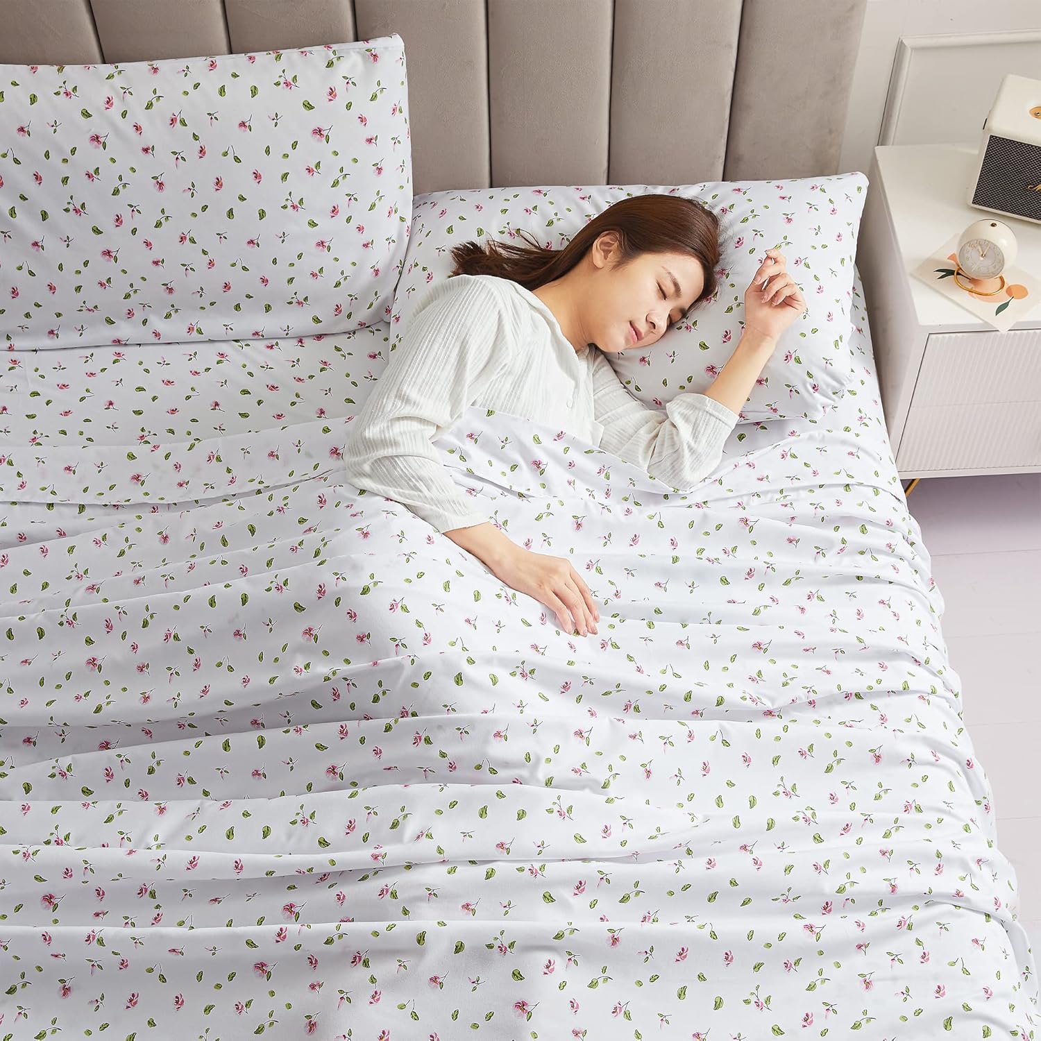 Mooreeke Queen Sheets Set - 4 Pieces Soft Breathable Microfiber Bed Sheet Set - Pink Flower Green Leaf Pattern Sheet Set - Deep Pocket Non-Slip Floral Printed Fitted Sheet Included for All Season - Image 9