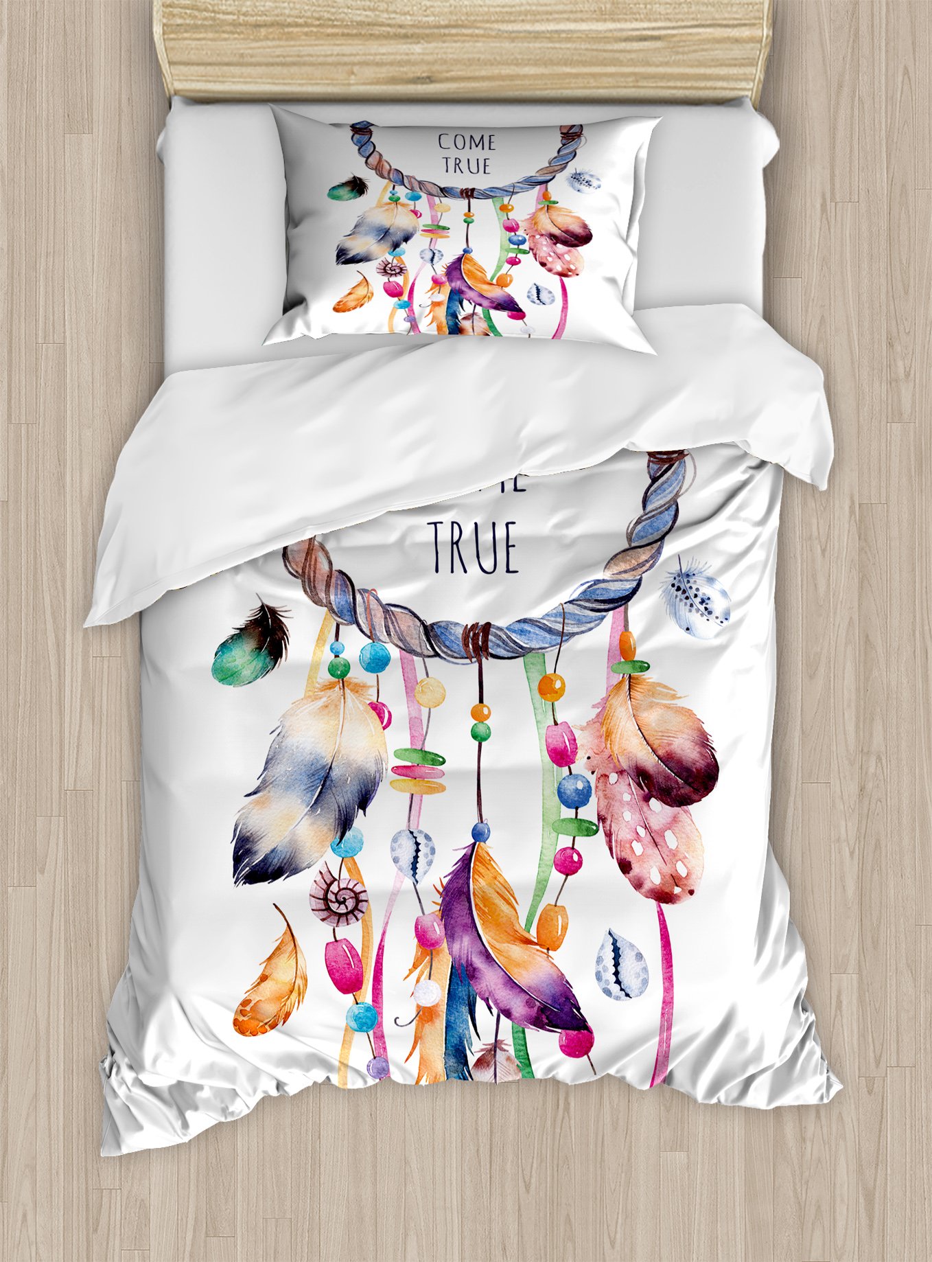 Ambesonne Feather Duvet Cover Set, Dream Catcher Illustration Bohemian Style Image, Decorative 2 Piece Bedding Set with 1 Pillow Sham, Twin Size, White Blue